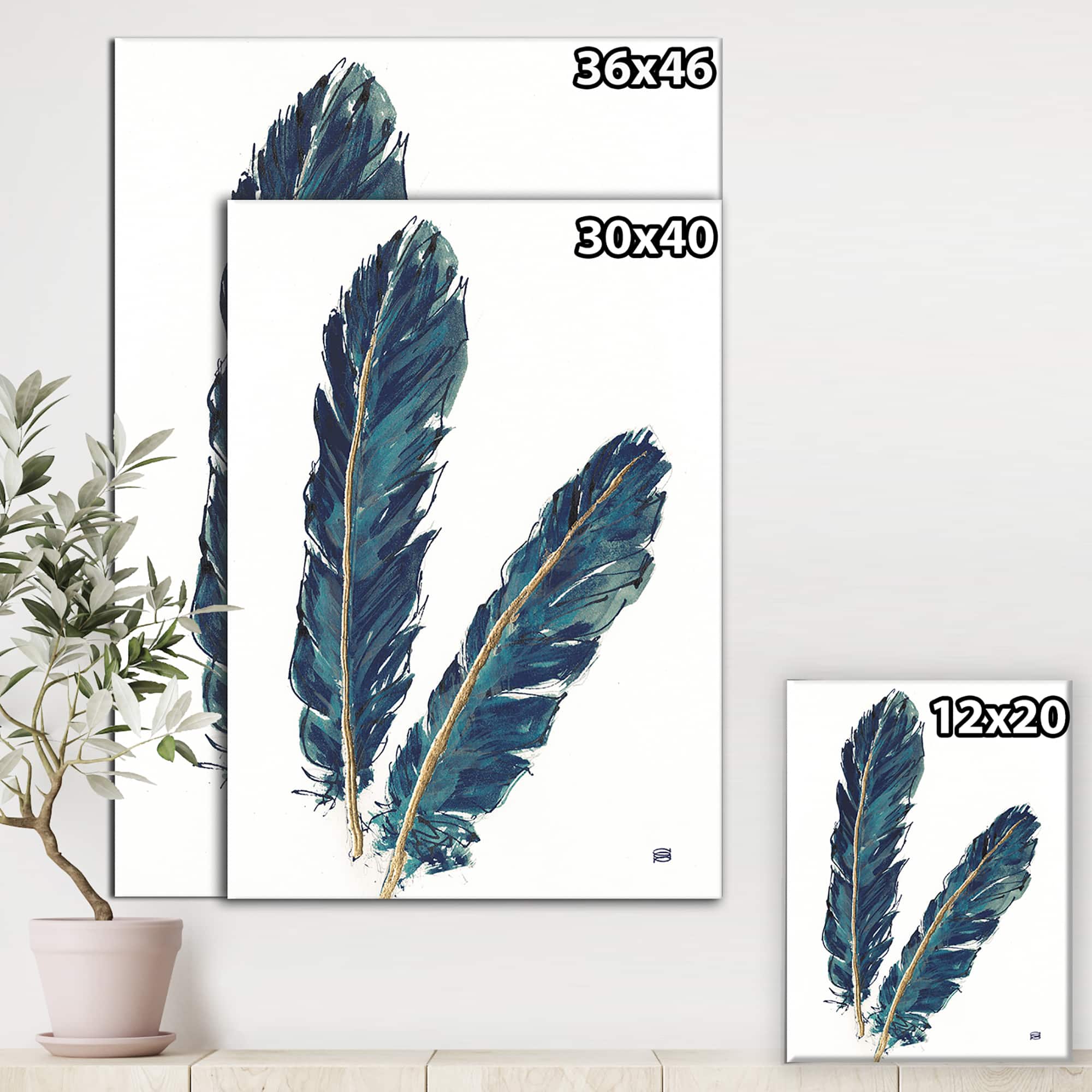 Designart - Gold Indigo Feathers IV - Modern Bohemian Canvas Artwork