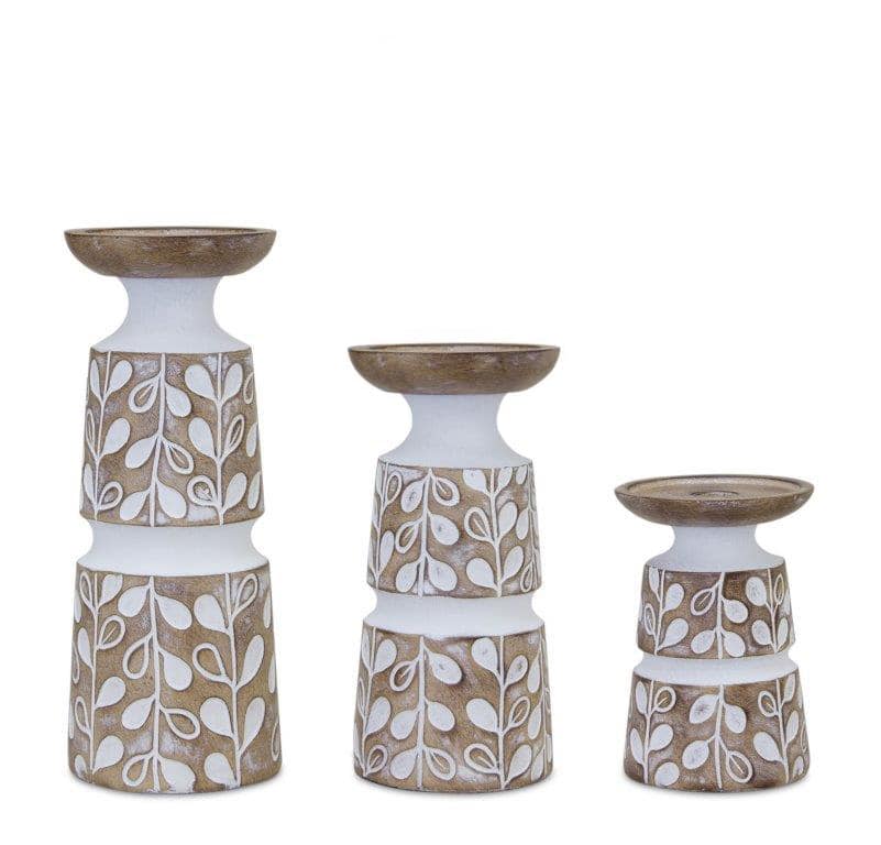 Leaf Pattern Candle Holder with Wood Design Set