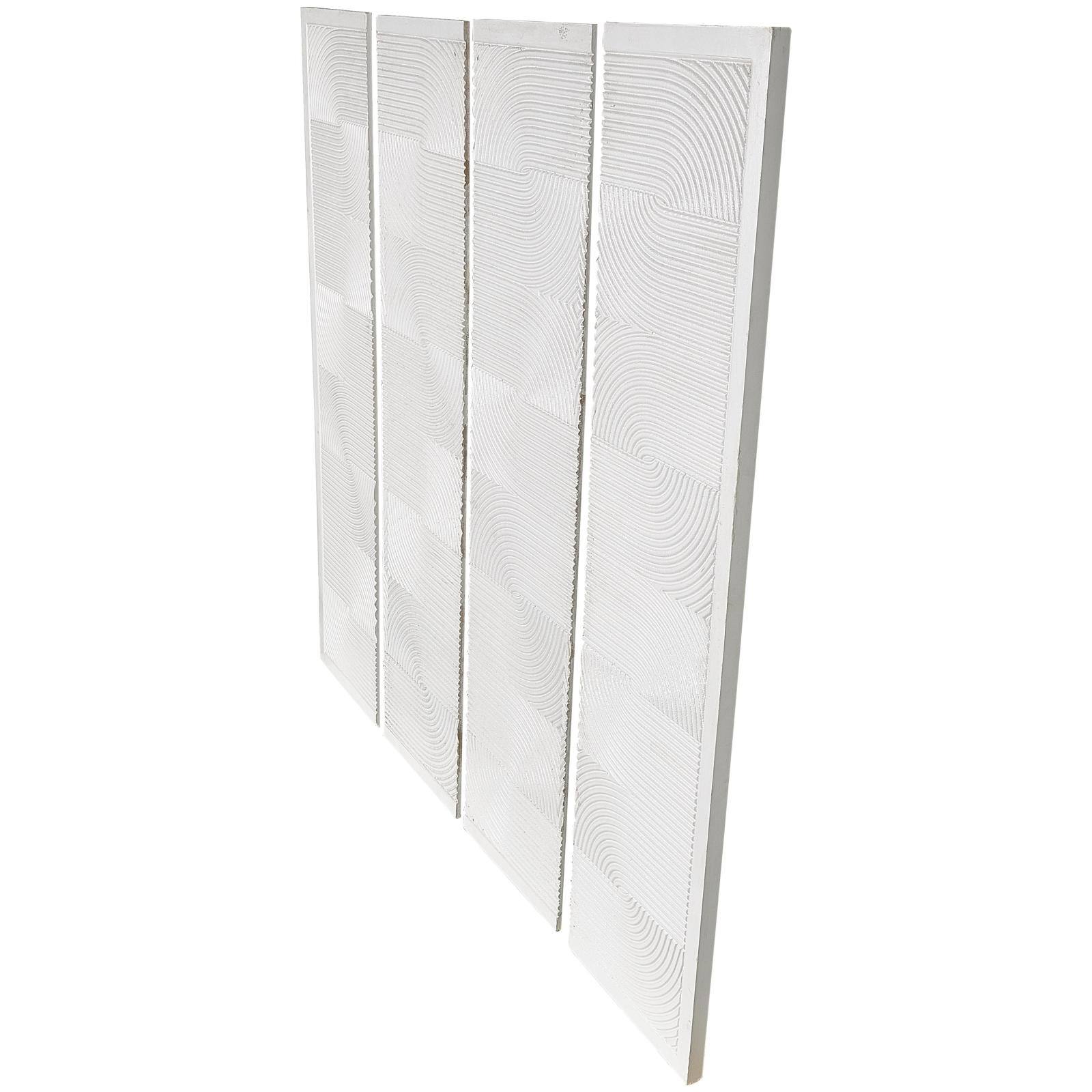 CosmoLiving by Cosmopolitan Wooden White Handmade Carved Panel Geometric Wall Art with Looped Sand Art Design, Set of 4