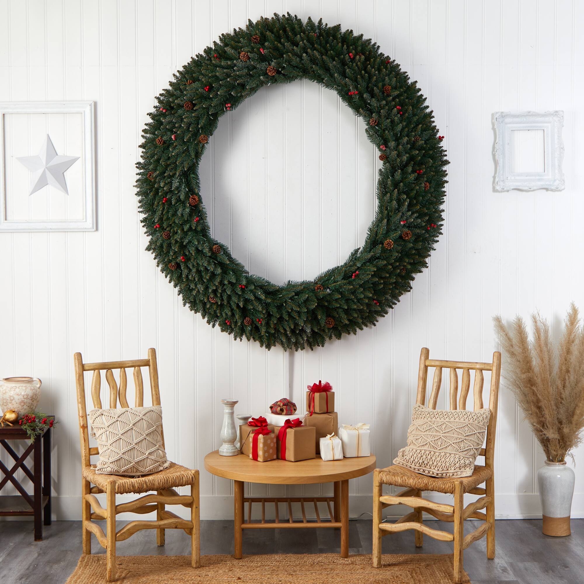 6ft. Clear LED Lights Flocked Artificial Christmas Wreath With Pinecones & Berries