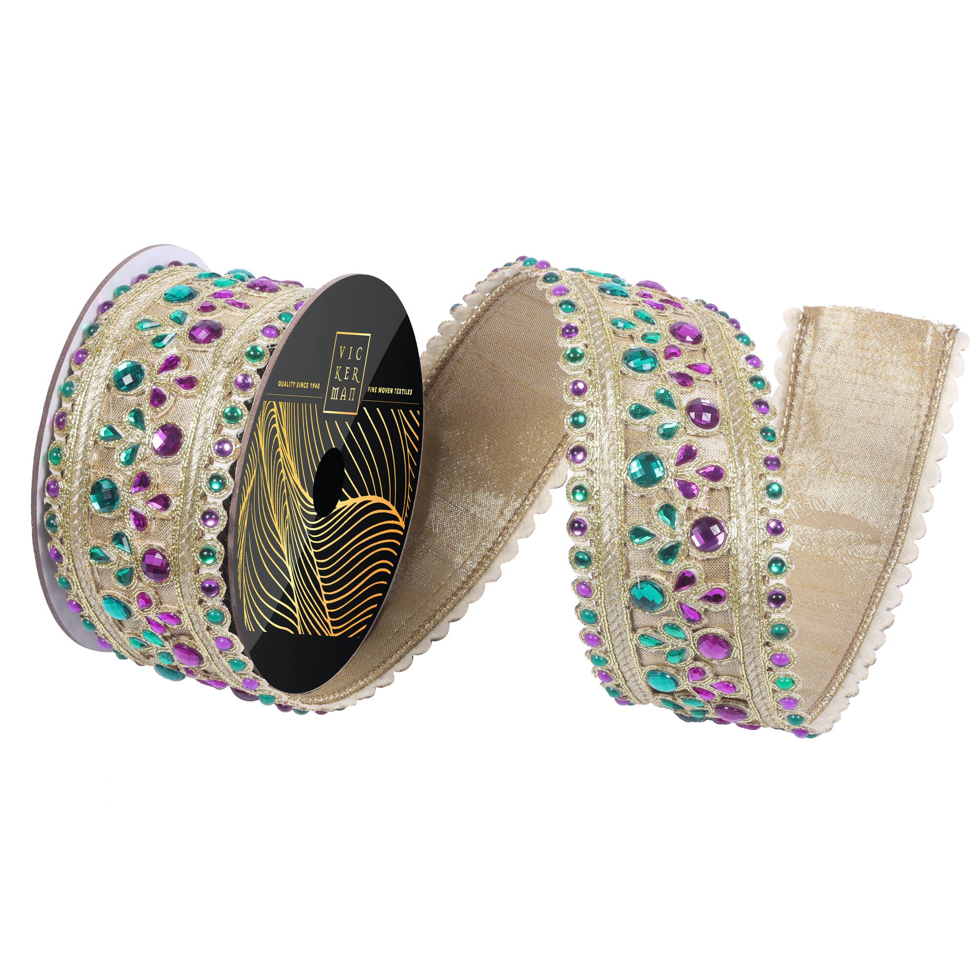 Vickerman 2.5" x 5yd. Gold Metallic Wired Ribbon with Purple & Green Mardi Gras Jewels