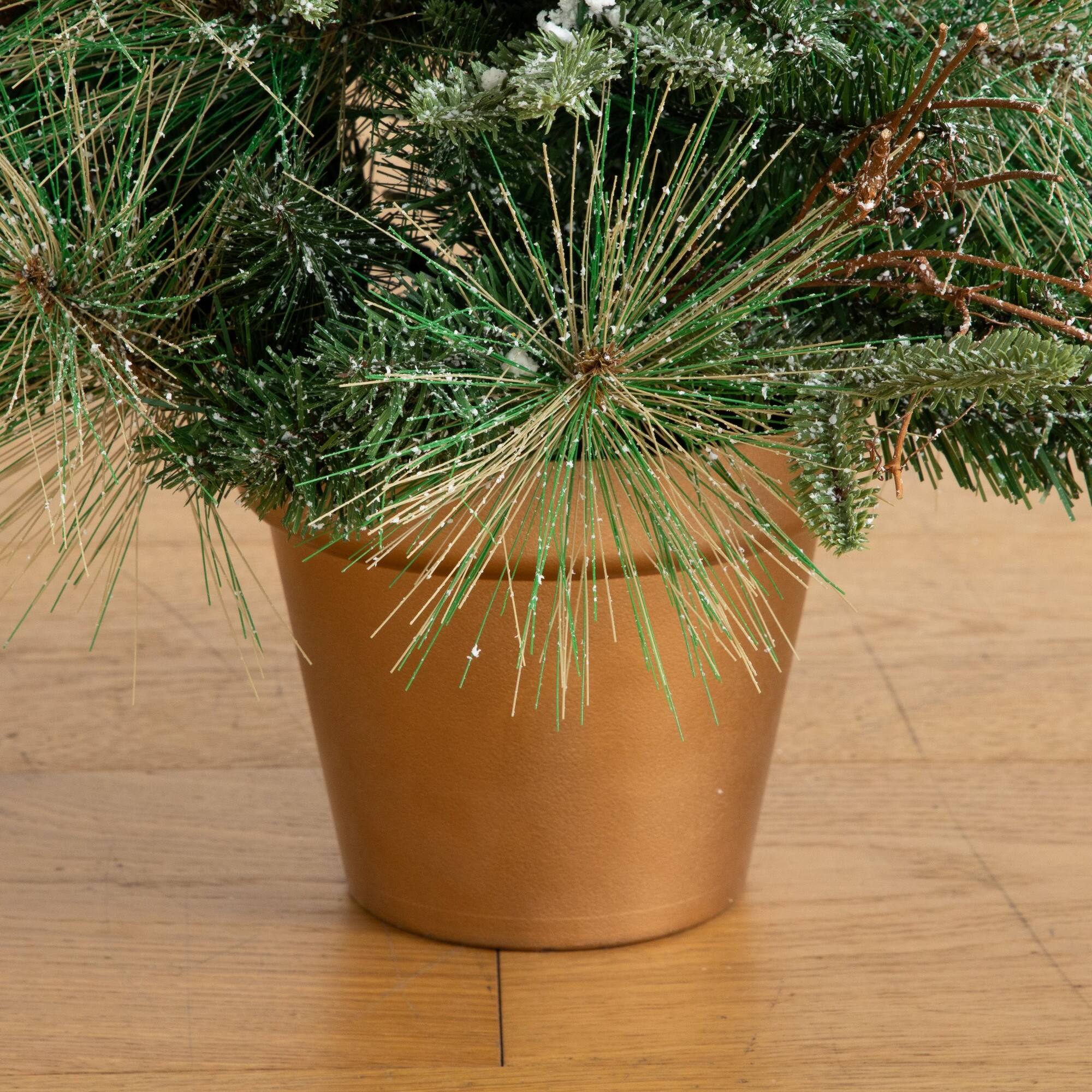 Nearly Natural 3ft. Pre-Lit Artificial Snowed Mixed Pine & Pinecone Christmas Tree in Gold Decorative Planter, Warm White LED lights