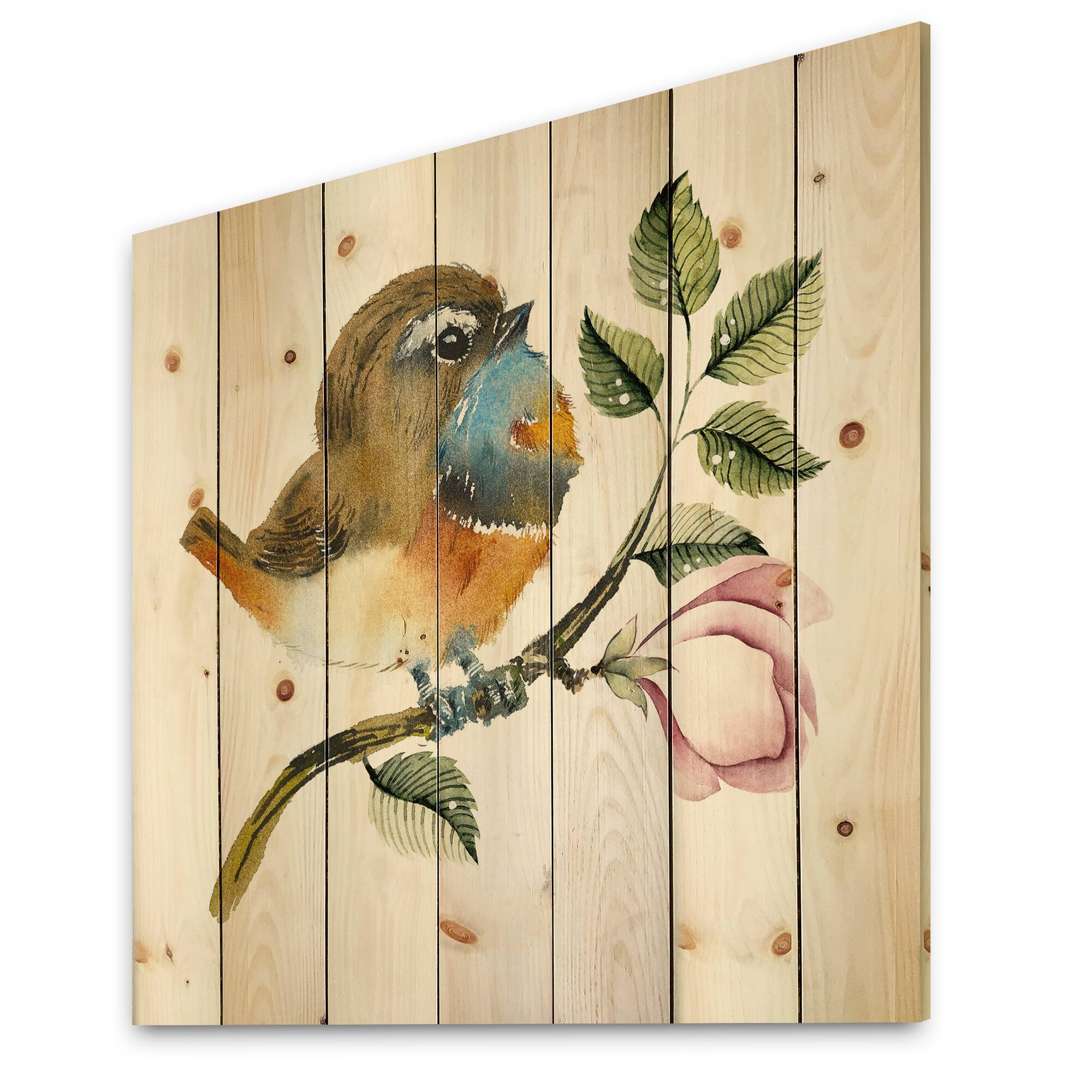 Designart - Bluethroat Bird On A Branch - Traditional Print on Natural Pine Wood