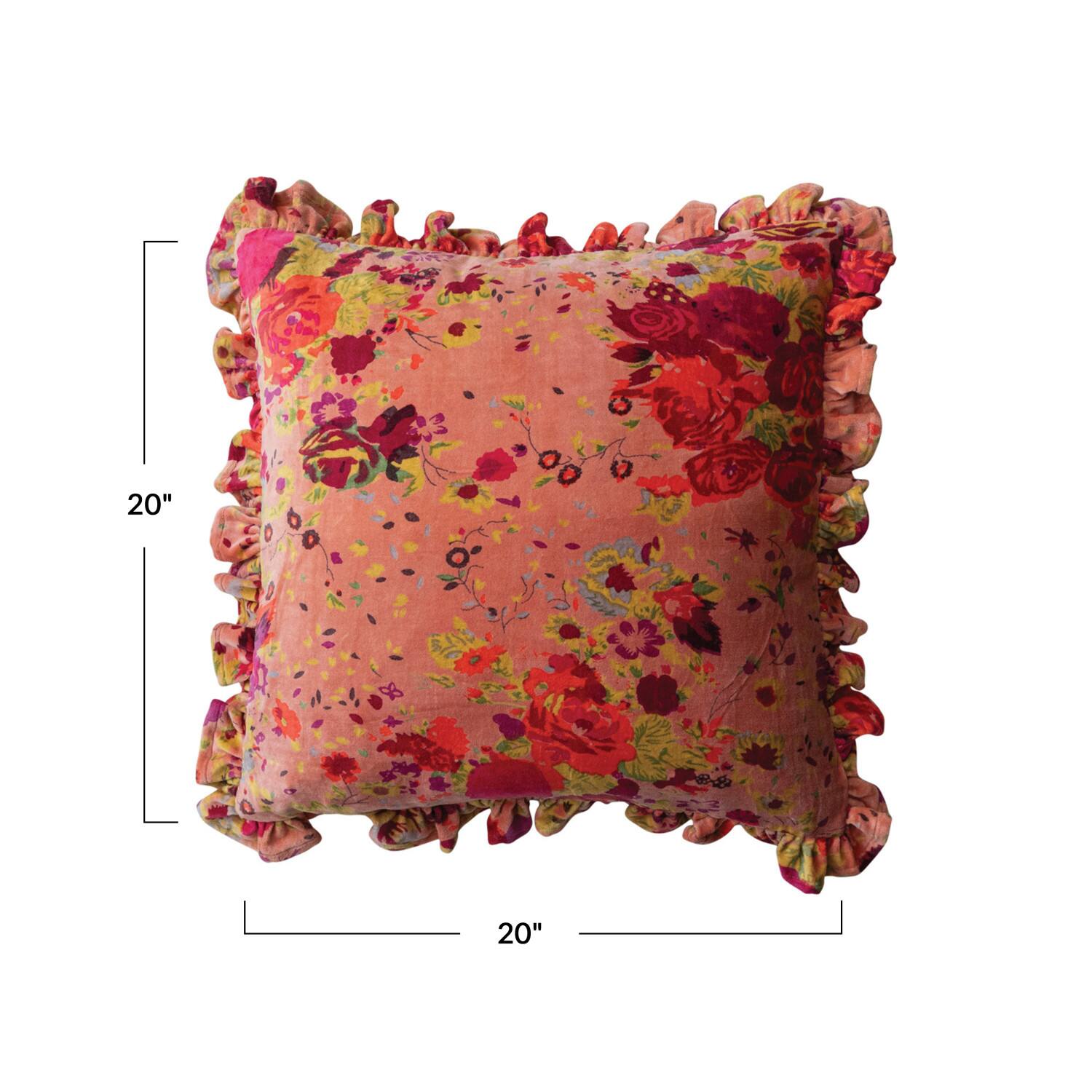Hello Honey® Red Floral Printed Chambray Back & Ruffle Cotton Velvet Pillow