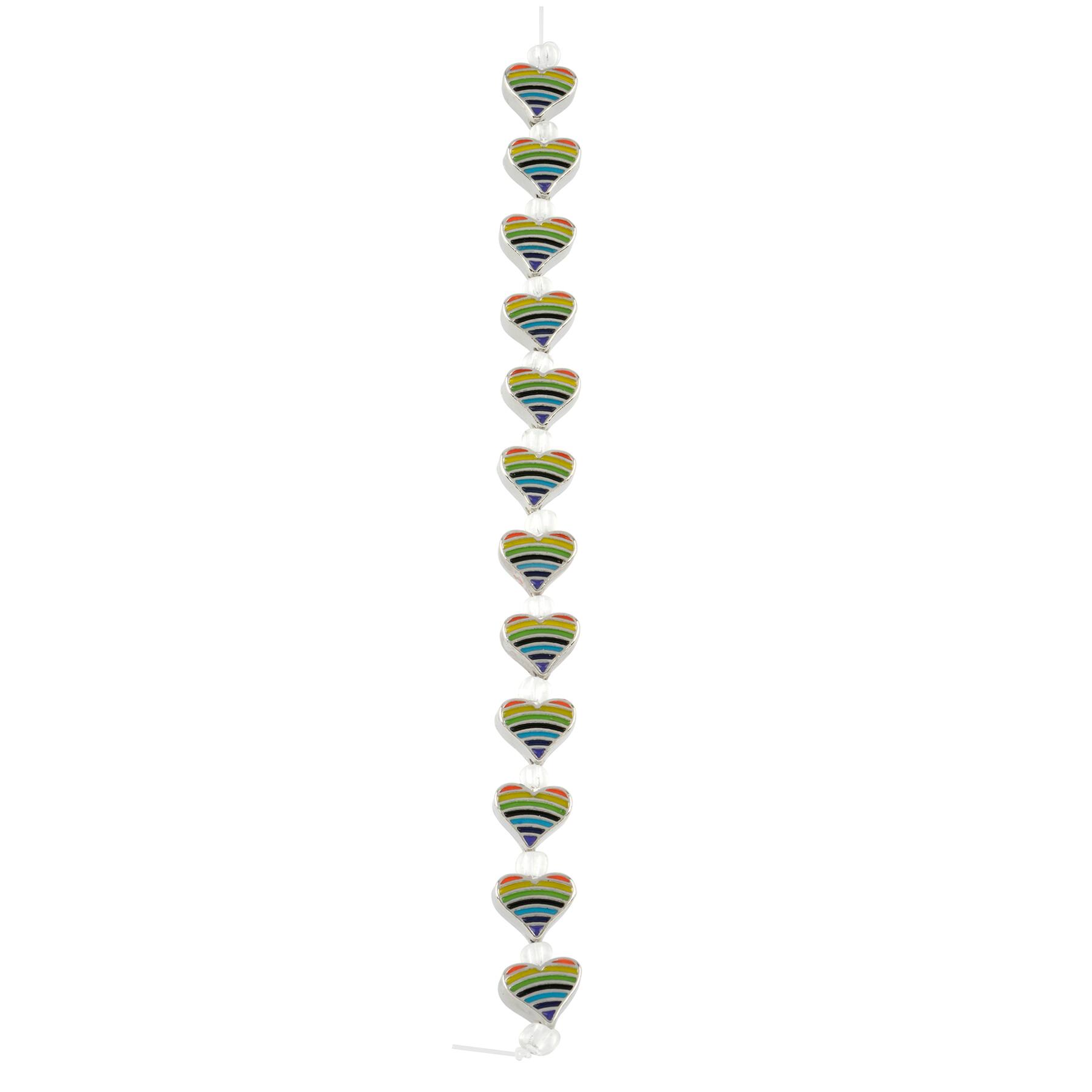 6 Packs: 12 ct. (72 total) Rainbow Stripe & Rhodium Heart Beads, 9mm by Bead Landing™