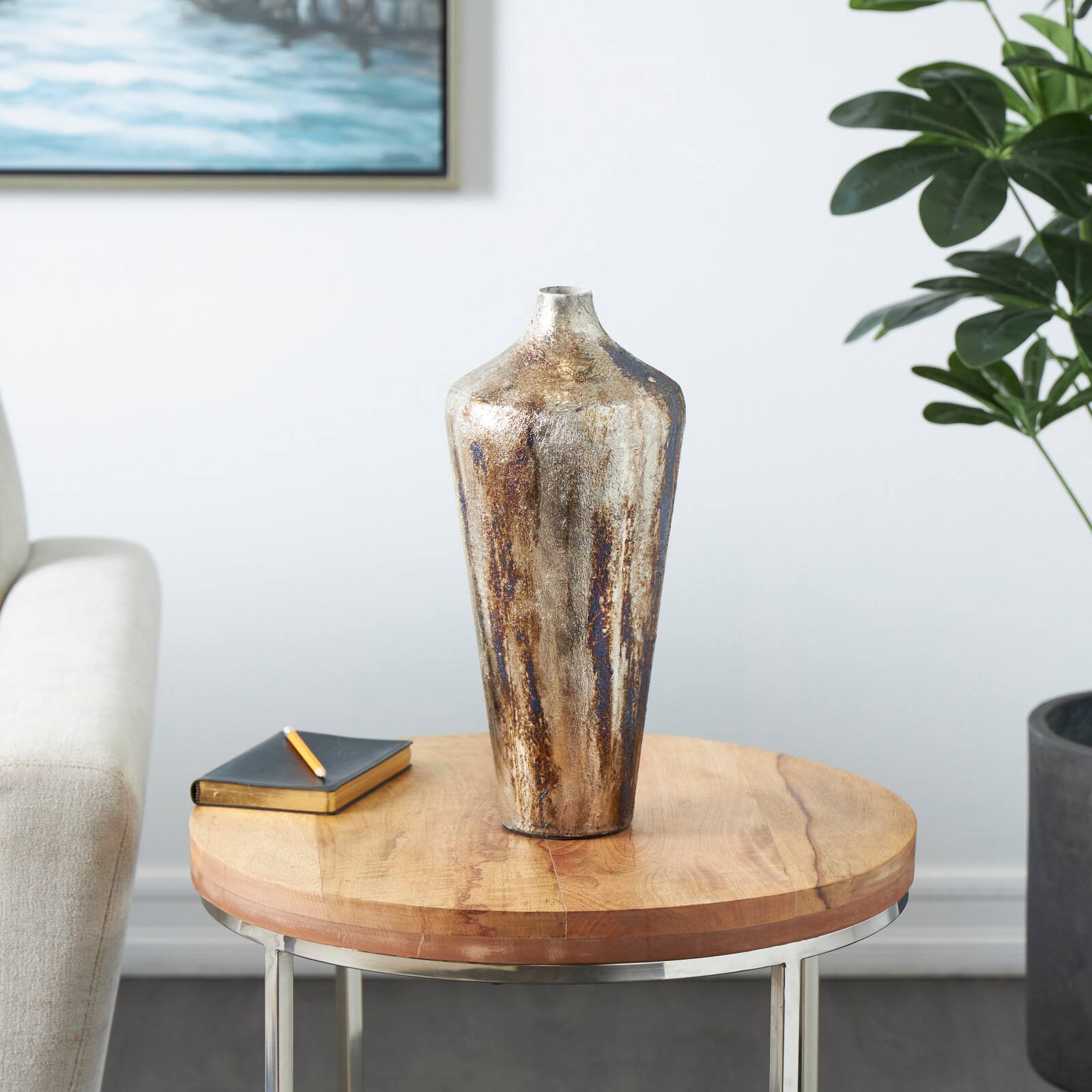 Bronze & Cream Foiled Metal Vase with Blue Accents