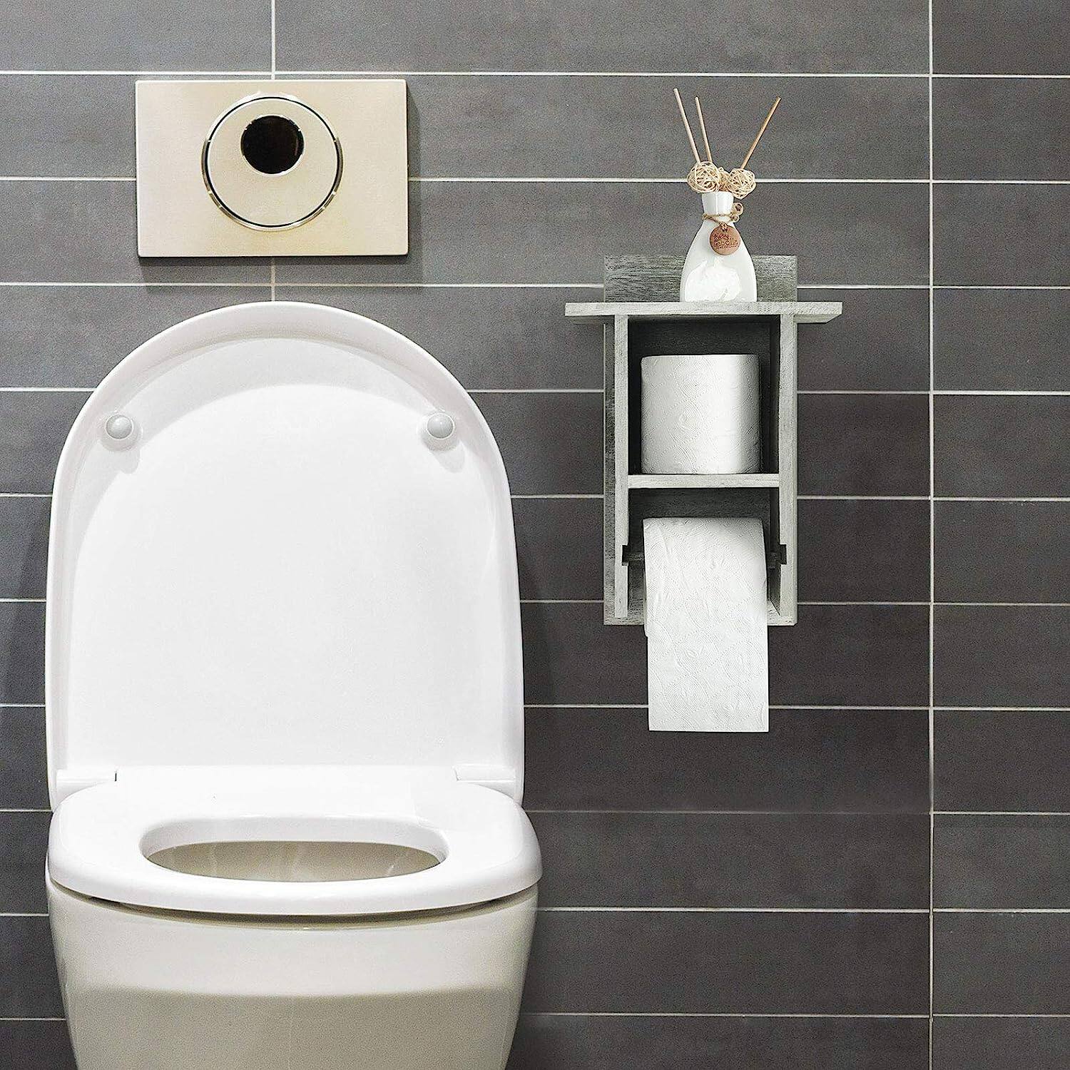 Olive Green Wood Toilet Paper Holder with Storage Shelf