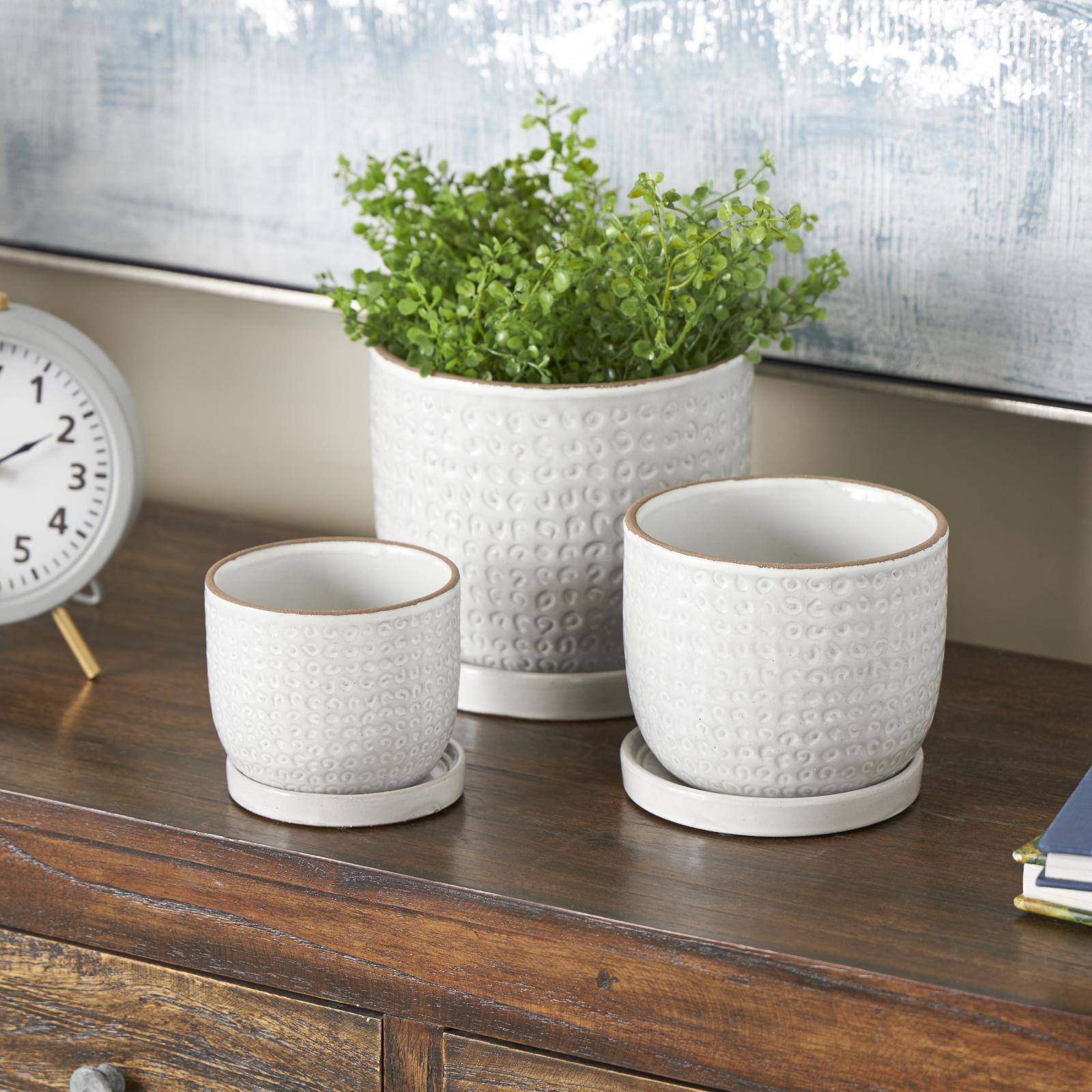 White Abstract Circle Pattern Ceramic Planter Set