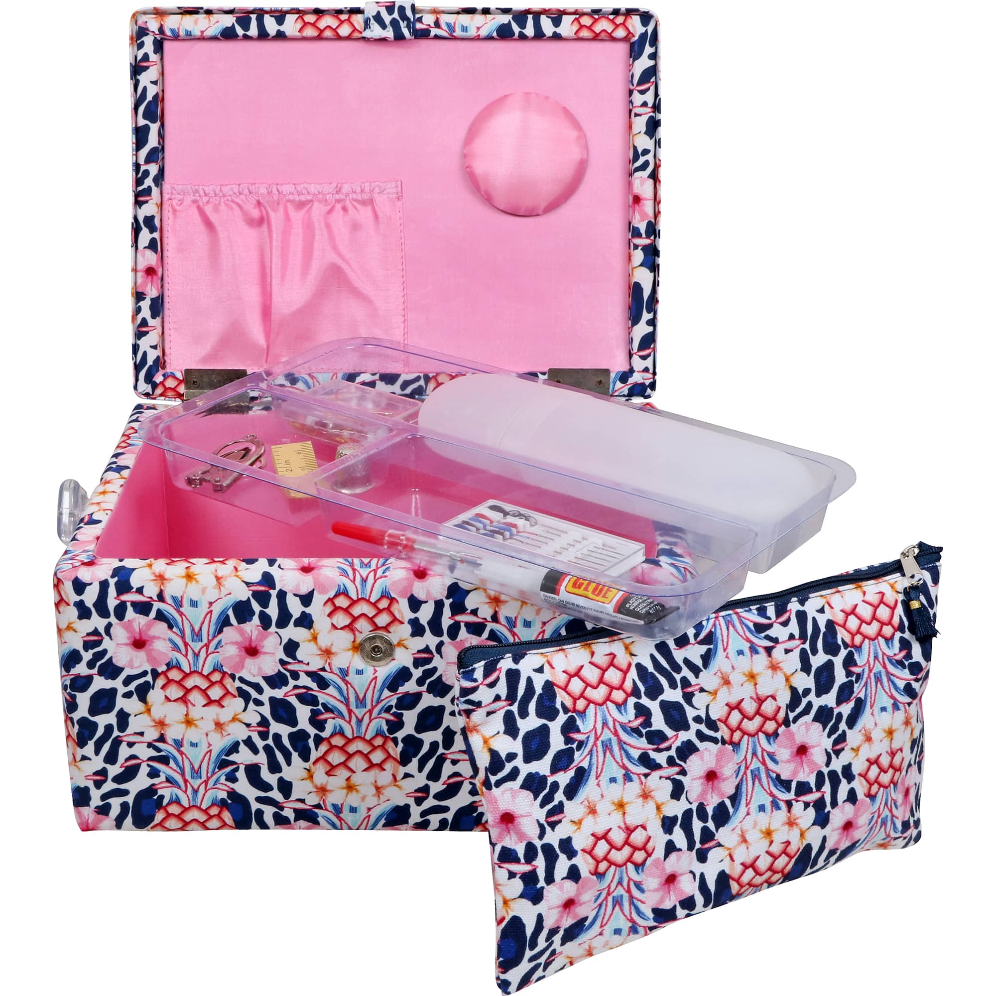 SINGER® Large Tropical Animal Print Premium Sewing Basket with Travel Sewing Kit