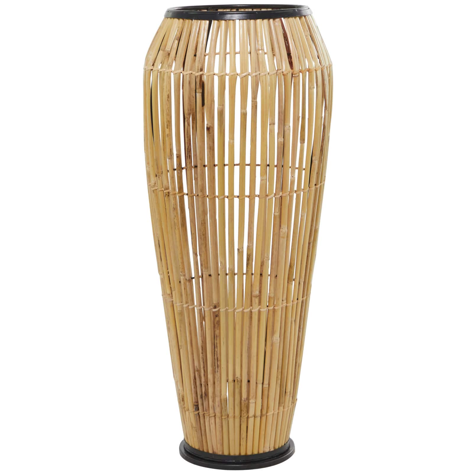 Brown Wicker Handmade Slatted Frame Vase with Black Metal Accents
