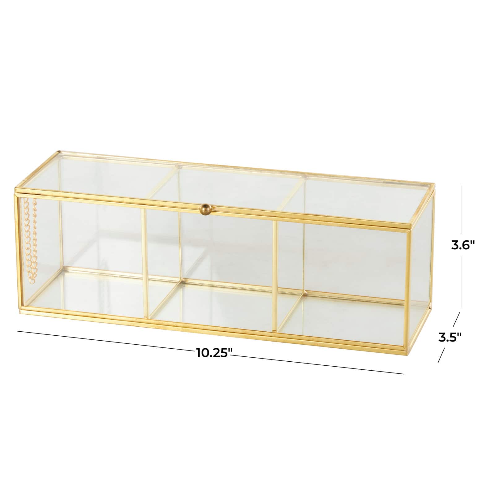 10" x 4" x 4" Clear & Gold 3-Slot Glass & Metal Slim Rectangular Jewelry Box with Chain Accent