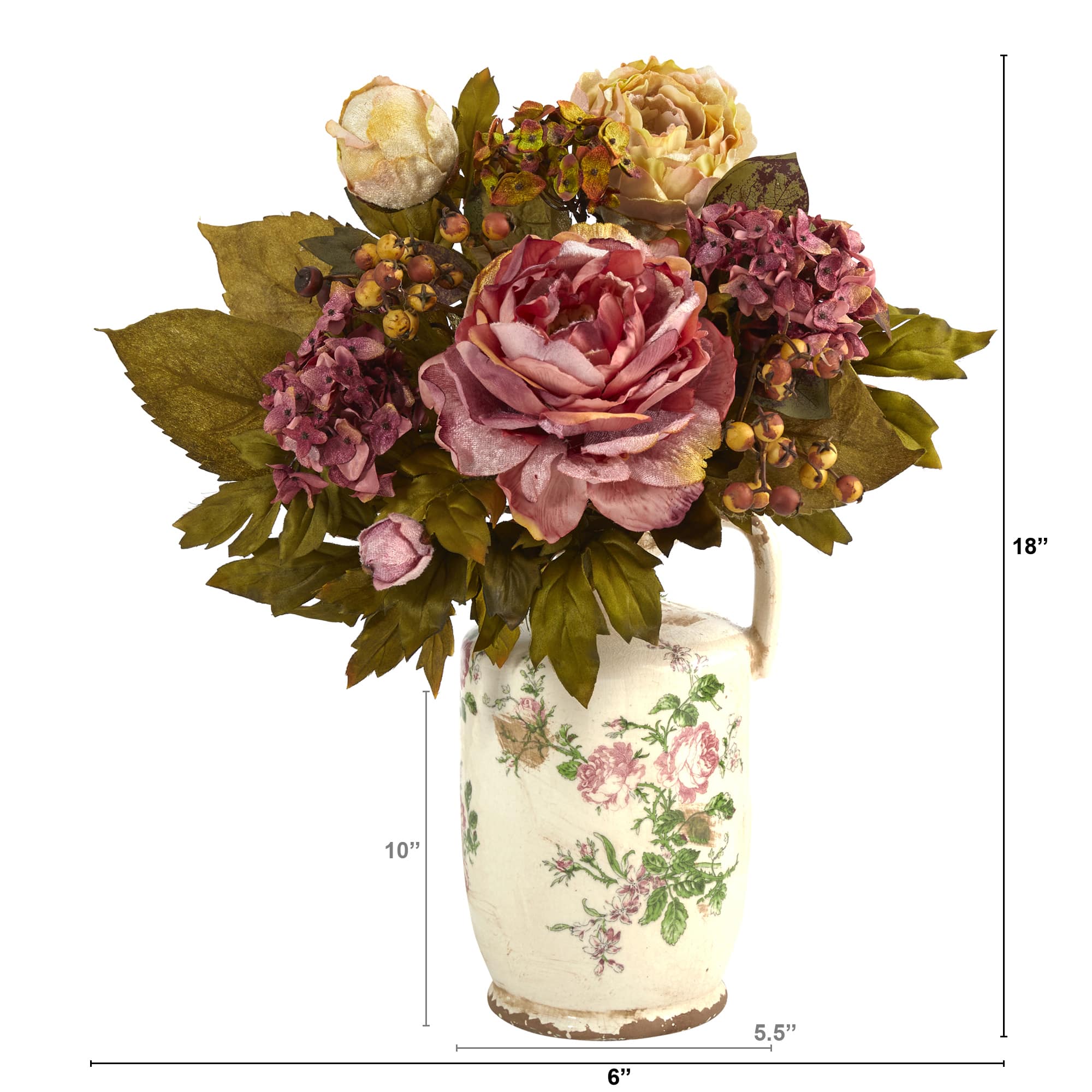 18'' Pink & Yellow Peony Arrangement in Floral Pitcher