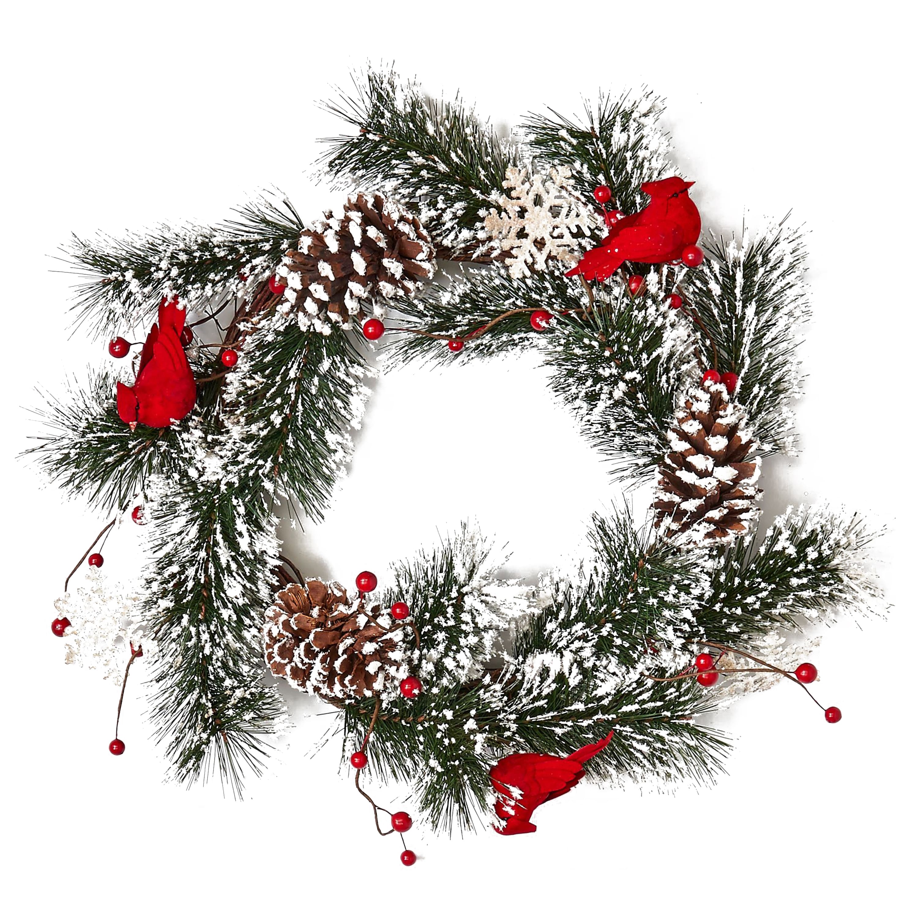 22" Unlit Snowy Cardinals & Snowflakes Pine Wreath on Natural Twig Base