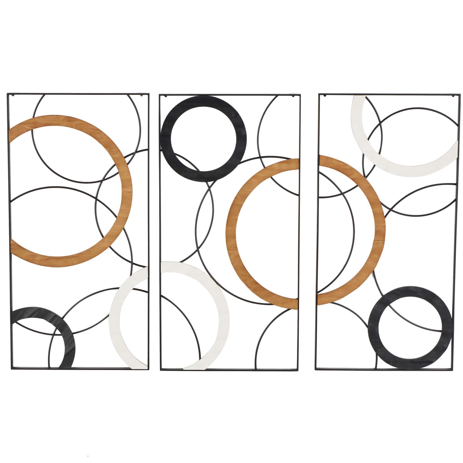 18" x 36" Black Metal Abstract with Brown & White Wooden Accent Home Wall Décor, 3ct.