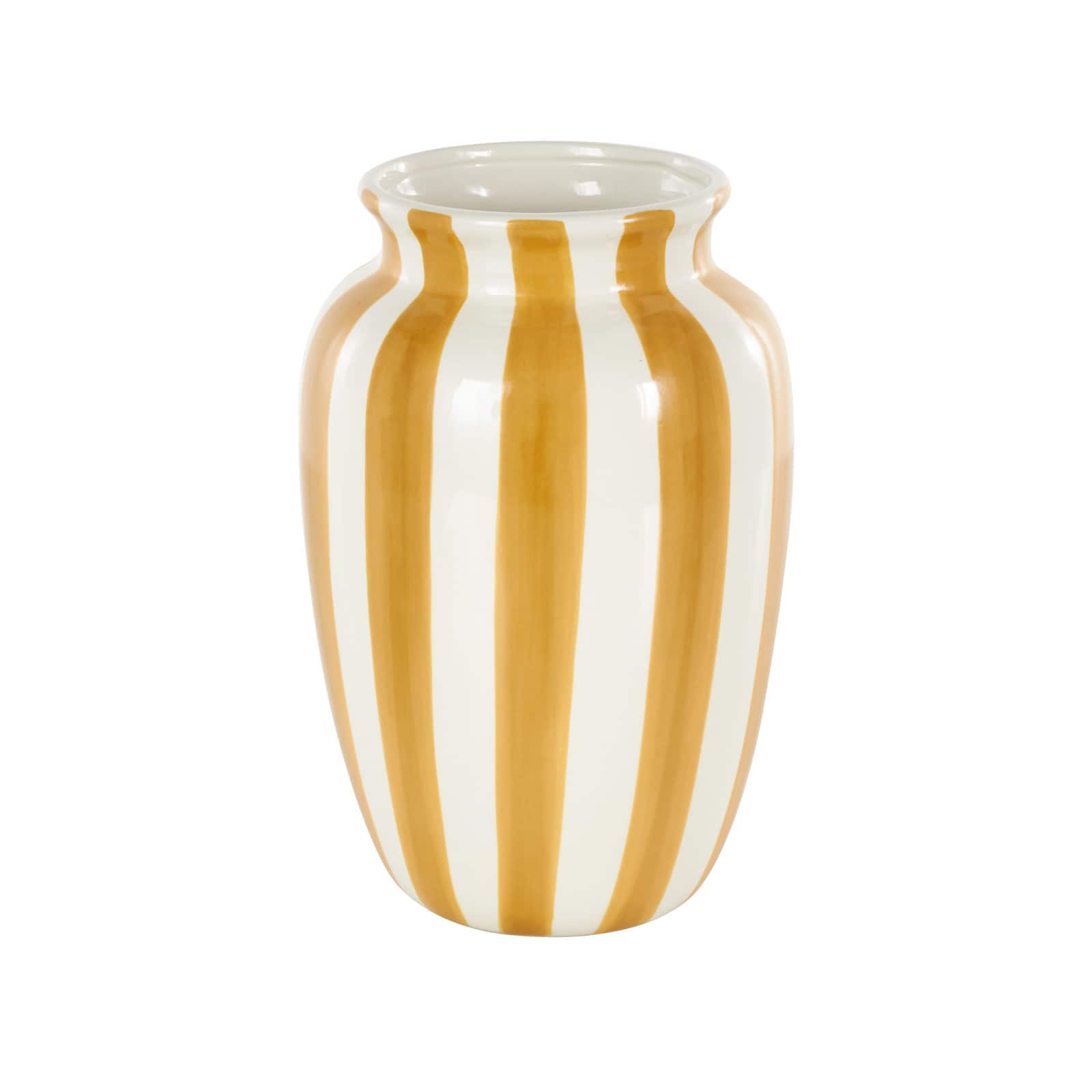 9.5" White & Yellow Stripes Round Wide Ceramic Vase