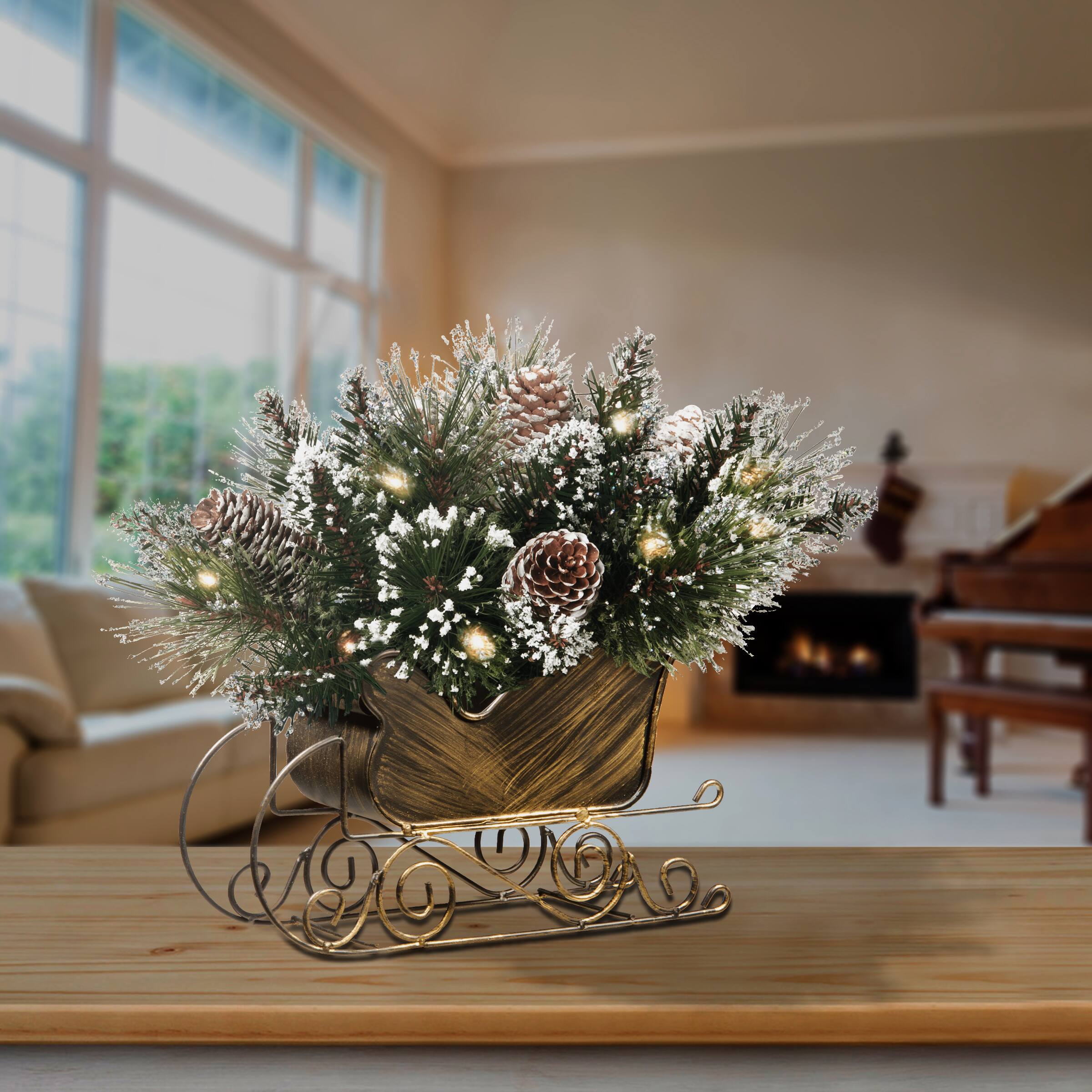 10" Gold Glittery Bristle® Pine Sleigh with LED Lights & Timer