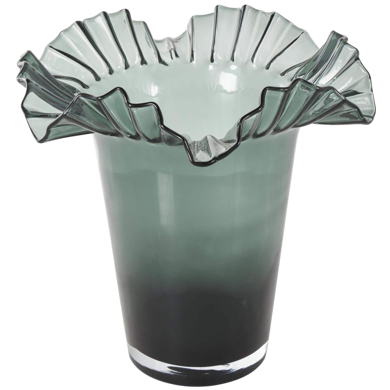 Green Glass Floral Tulip Inspired Ombre Vase with Wavy Opening
