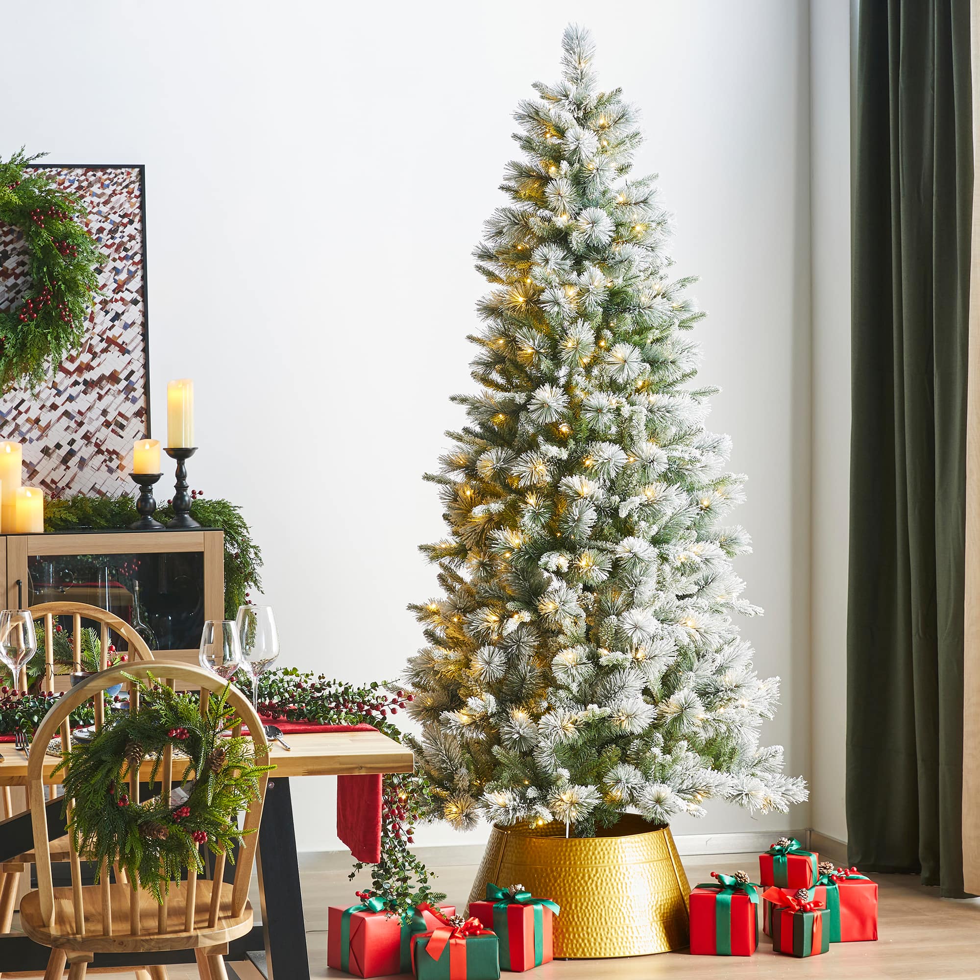 Glitzhome® 7.5ft Pre-Lit Flocked Slim Pine Artificial Christmas Tree, Warm White LED Lights