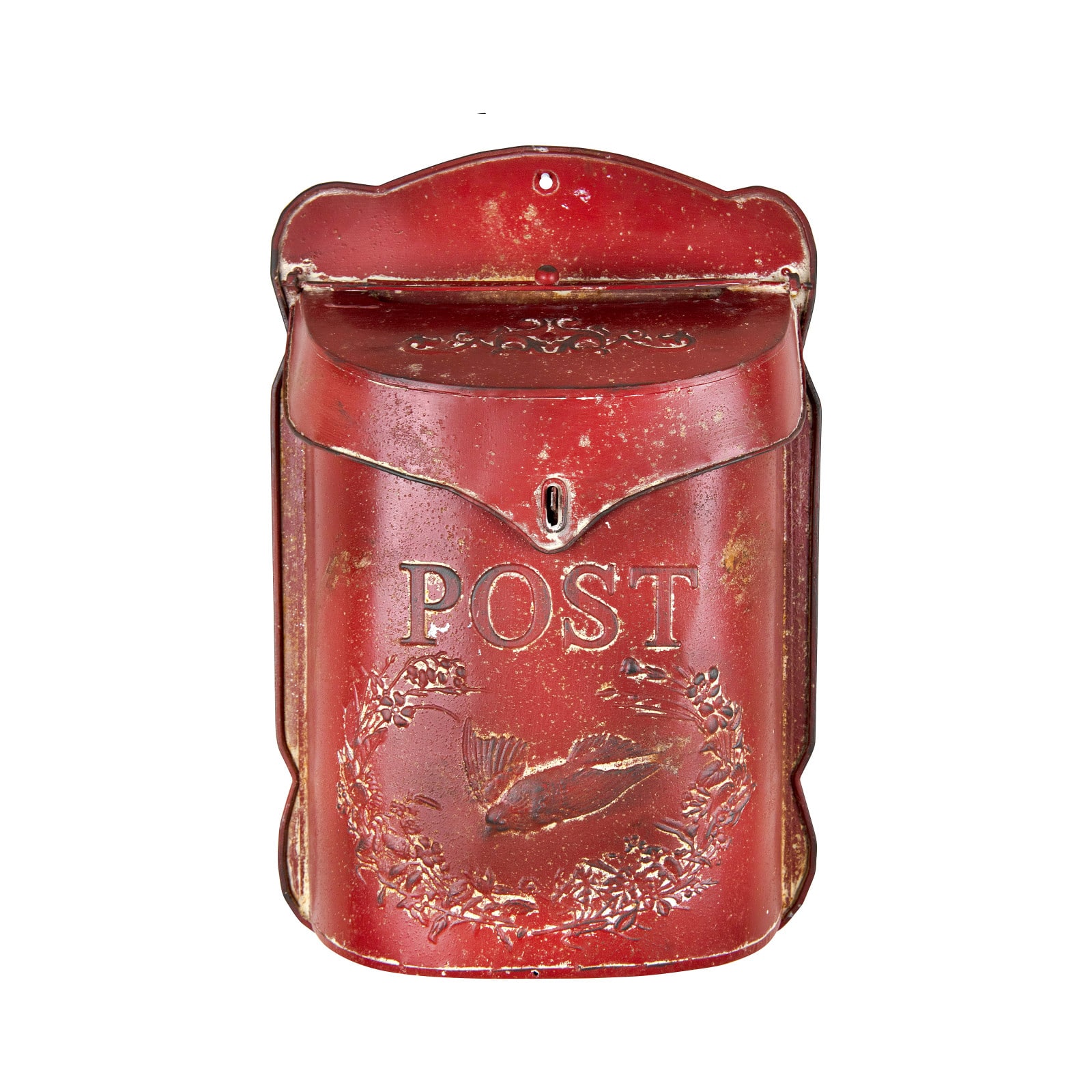 Hello Honey® 15.5" Red Embossed Tin Post Letter Box with Distressed Finish Wall Décor