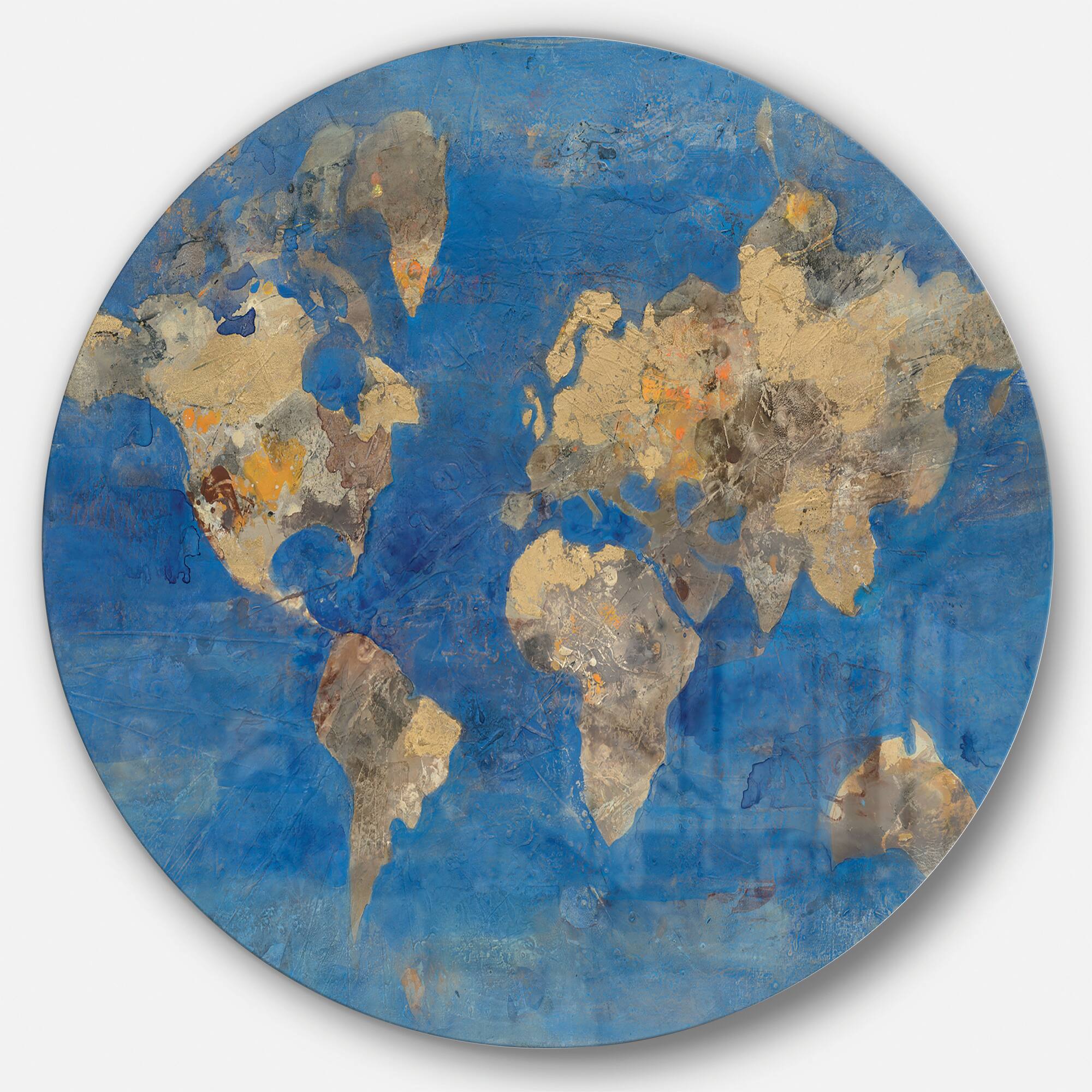 Designart - Golden Blue World Map - Traditional Metal Circle Wall Art