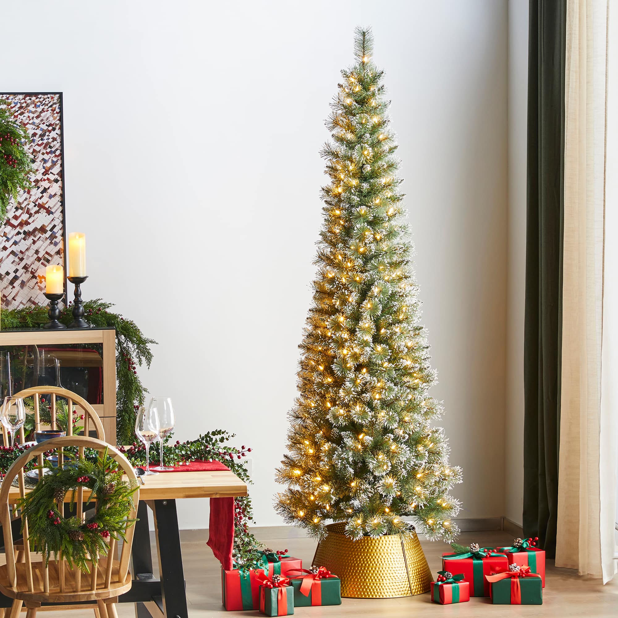 Glitzhome® 7.5ft Pre-Lit Frosted Cashmere Pencil Pine Artificial Christmas Tree, Multicolor LED Lights