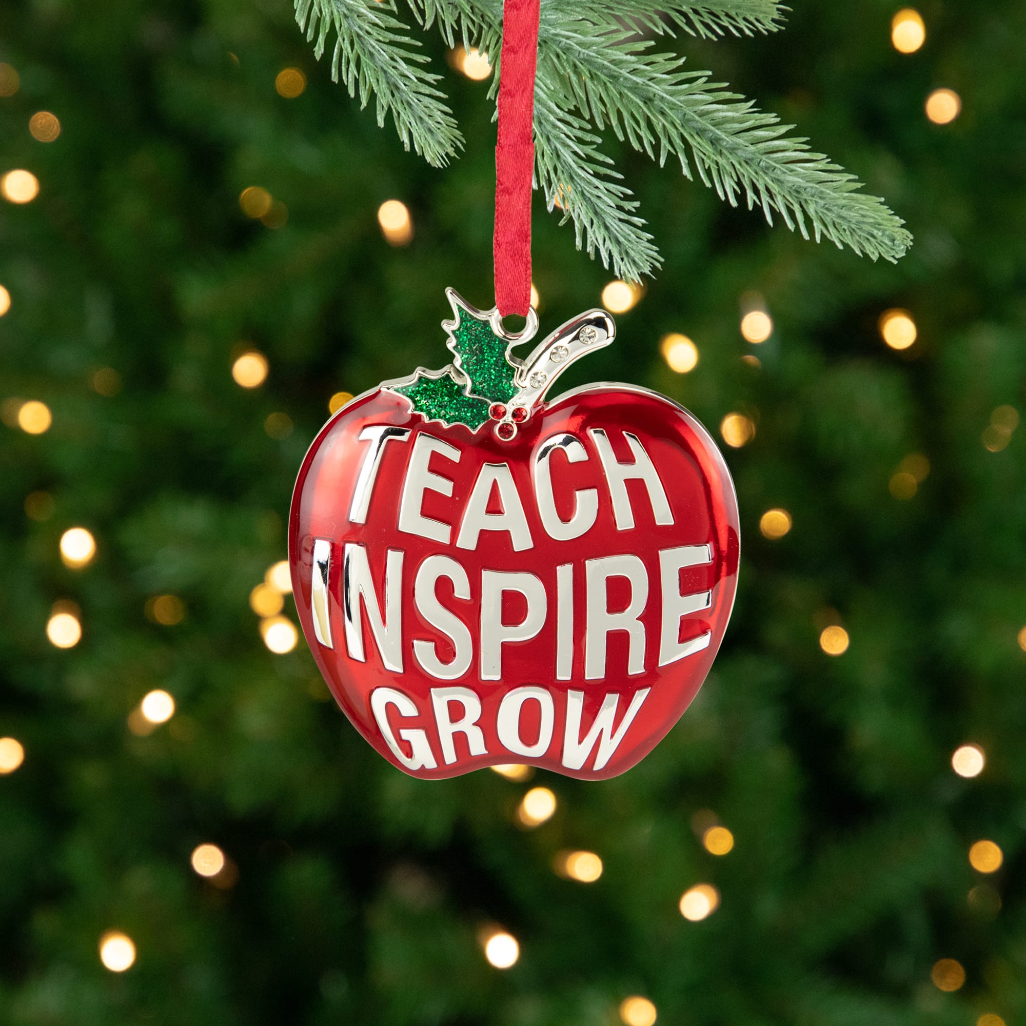 3.25" Red and Silver Plated Apple Teacher Christmas Ornament with European Crystals