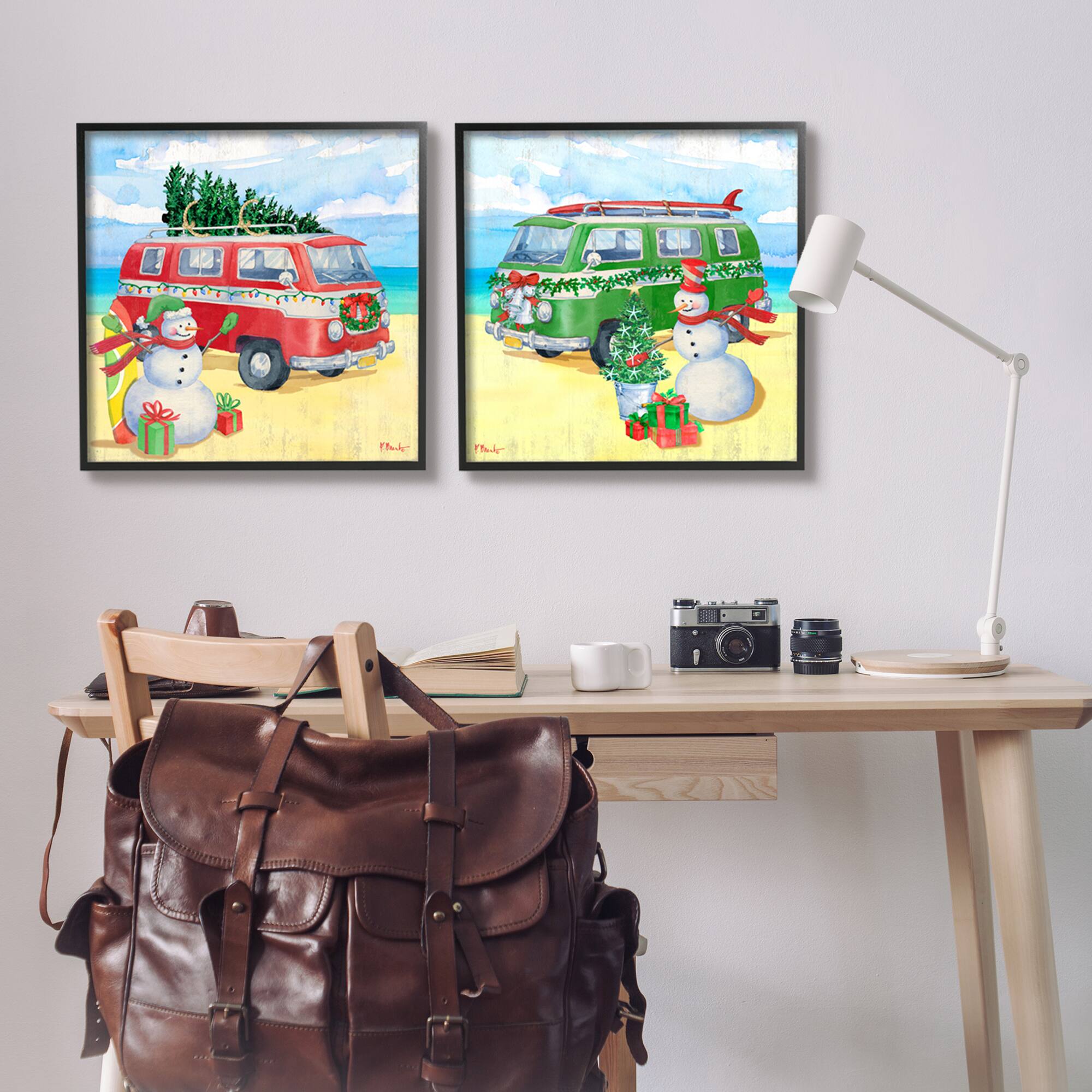 Stupell Industries Coastal Christmas Holiday Beach Snowmen 2 Piece Framed Giclee Art Set