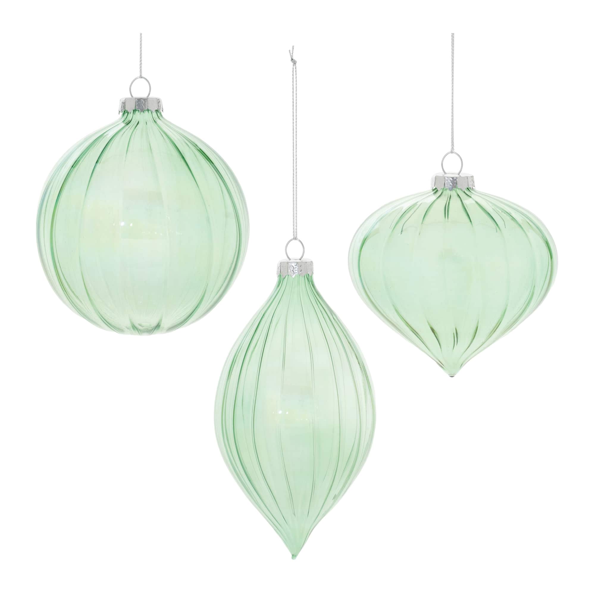 4" Green Iridescent Ribbed Glass Ornaments, 6ct.