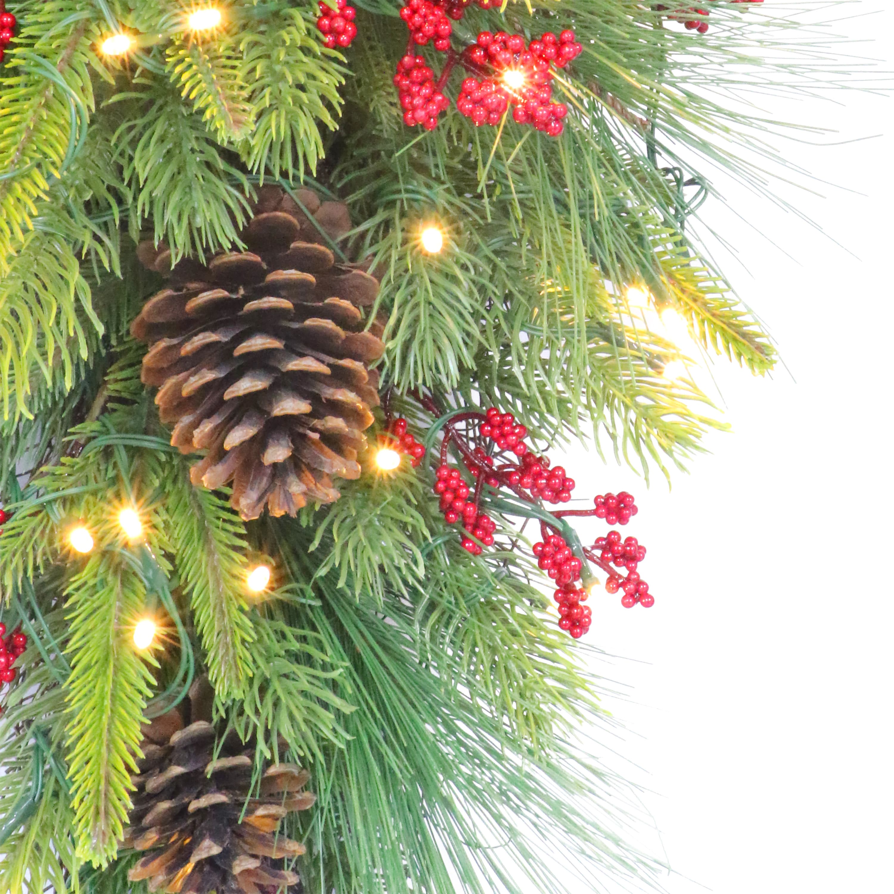 28" Pre-Lit Green Pinecones & Berries Adorned Artificial Banister Swag