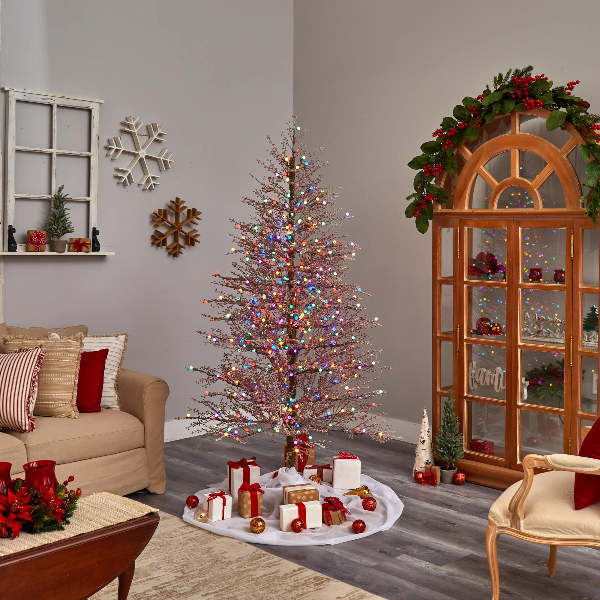 7ft. Pre-Lit Frosted Berry Twig Artificial Christmas Tree, Multicolor Gum Ball LED Lights