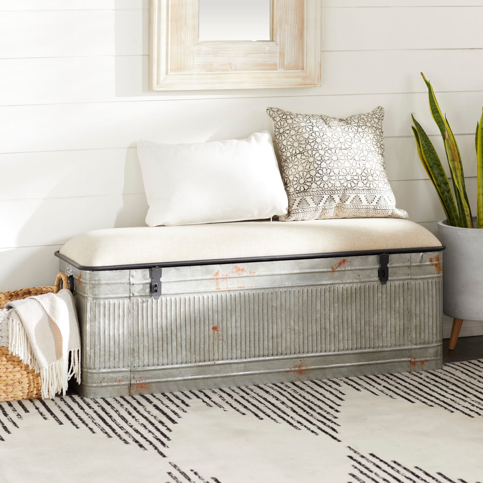 Grey Iron & Fabric Farmhouse Bench
