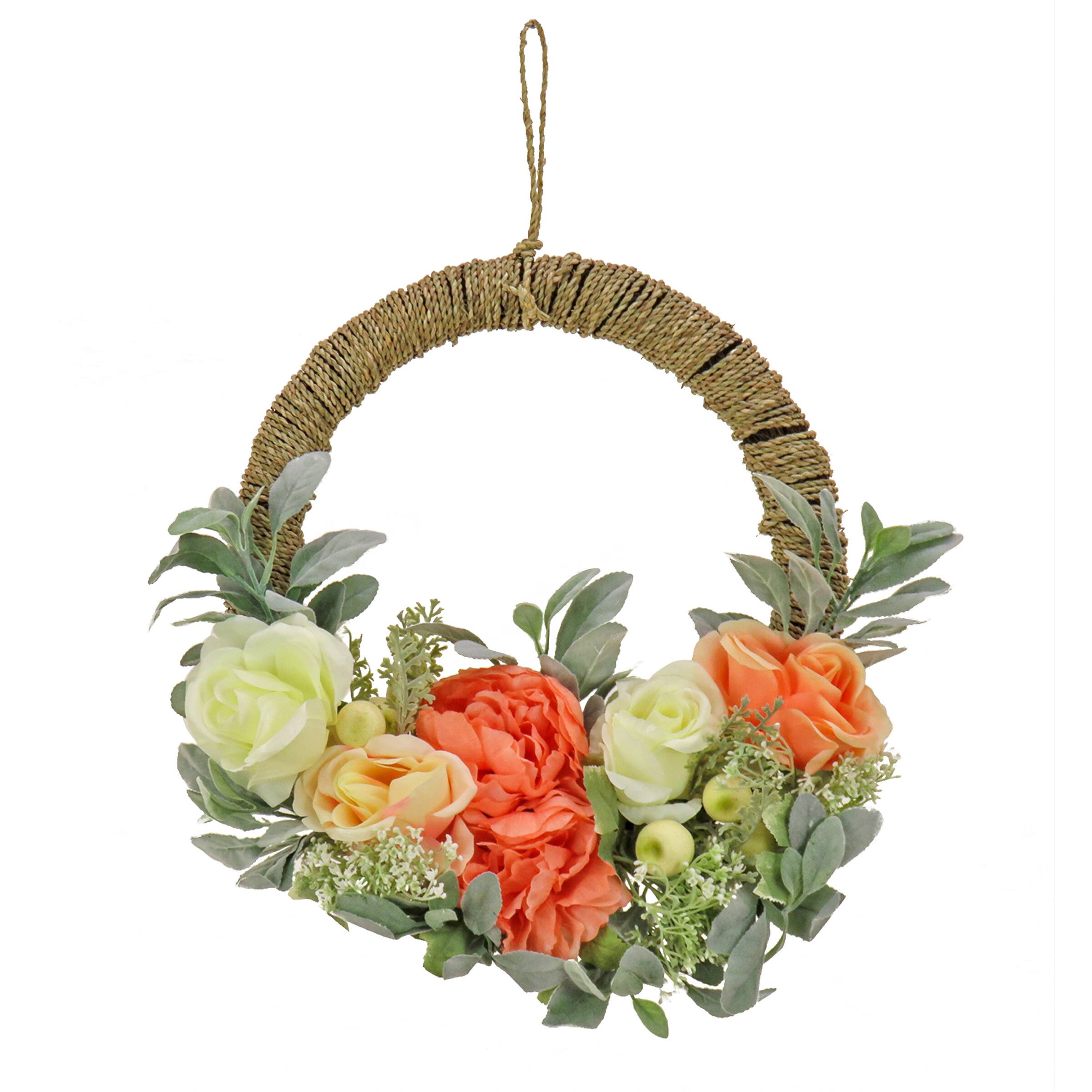 20" Spring Peony, Rose, & Lamb’s Ear Hoop Wreath