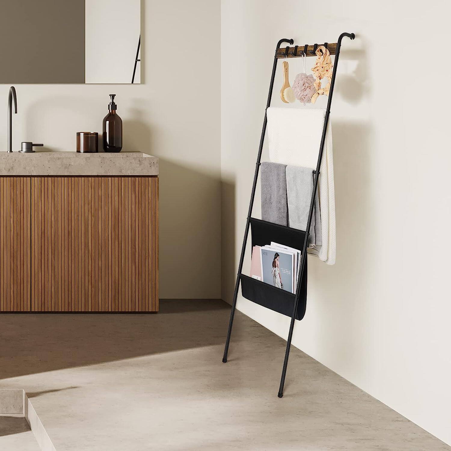 NEX™ 64.5" Farmhouse Decorative Ladder with 5 Hooks & Pocket