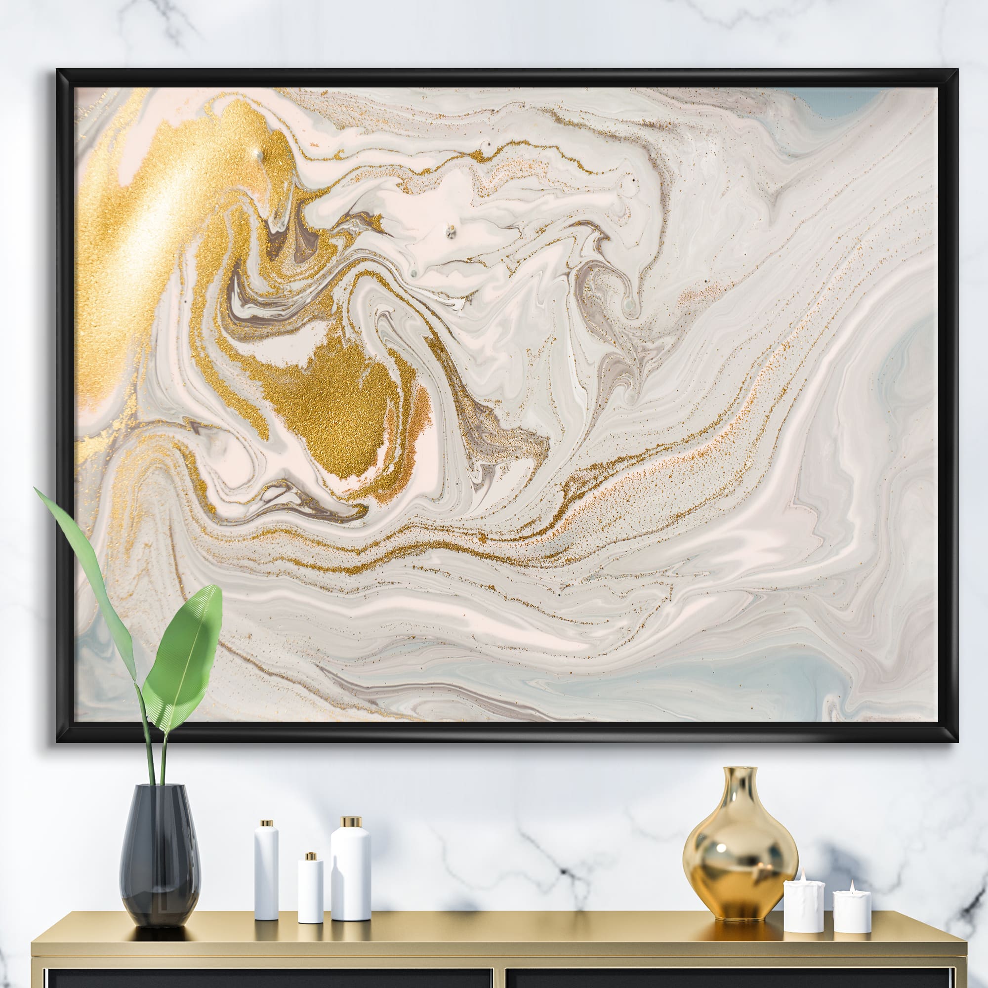Designart - Pastel and Gold Glitter Marble - Glam Framed Canvas Wall Art Print