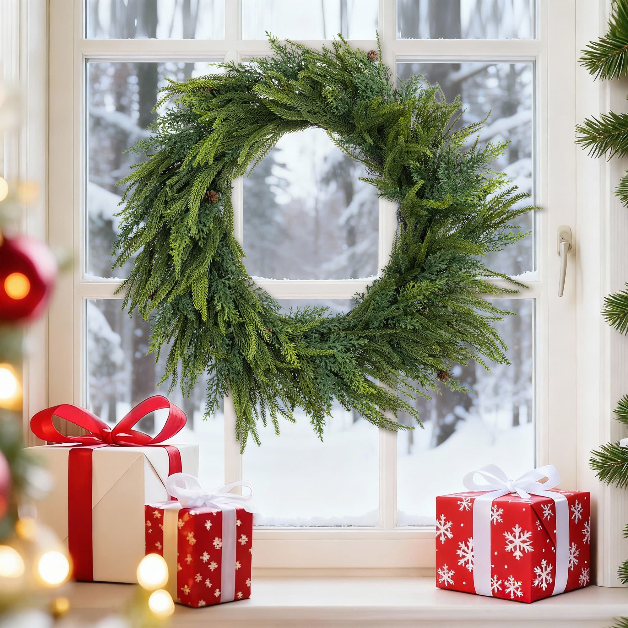 Glitzhome® 25.75" Christmas Greenery Mixed PE Wreath with Pinecones