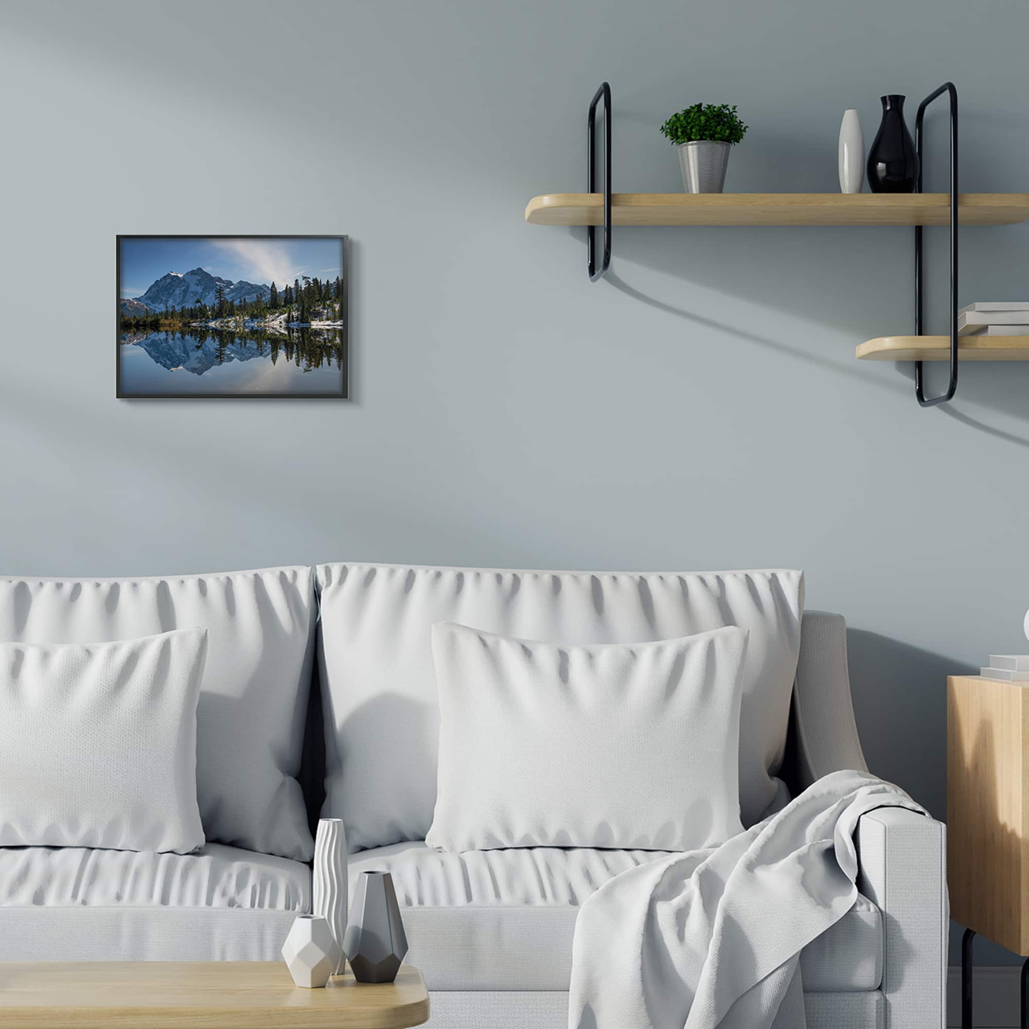 Stupell Industries Winter Lake Snowy Mountain Landscape Water Reflection in Black Frame Wall Art