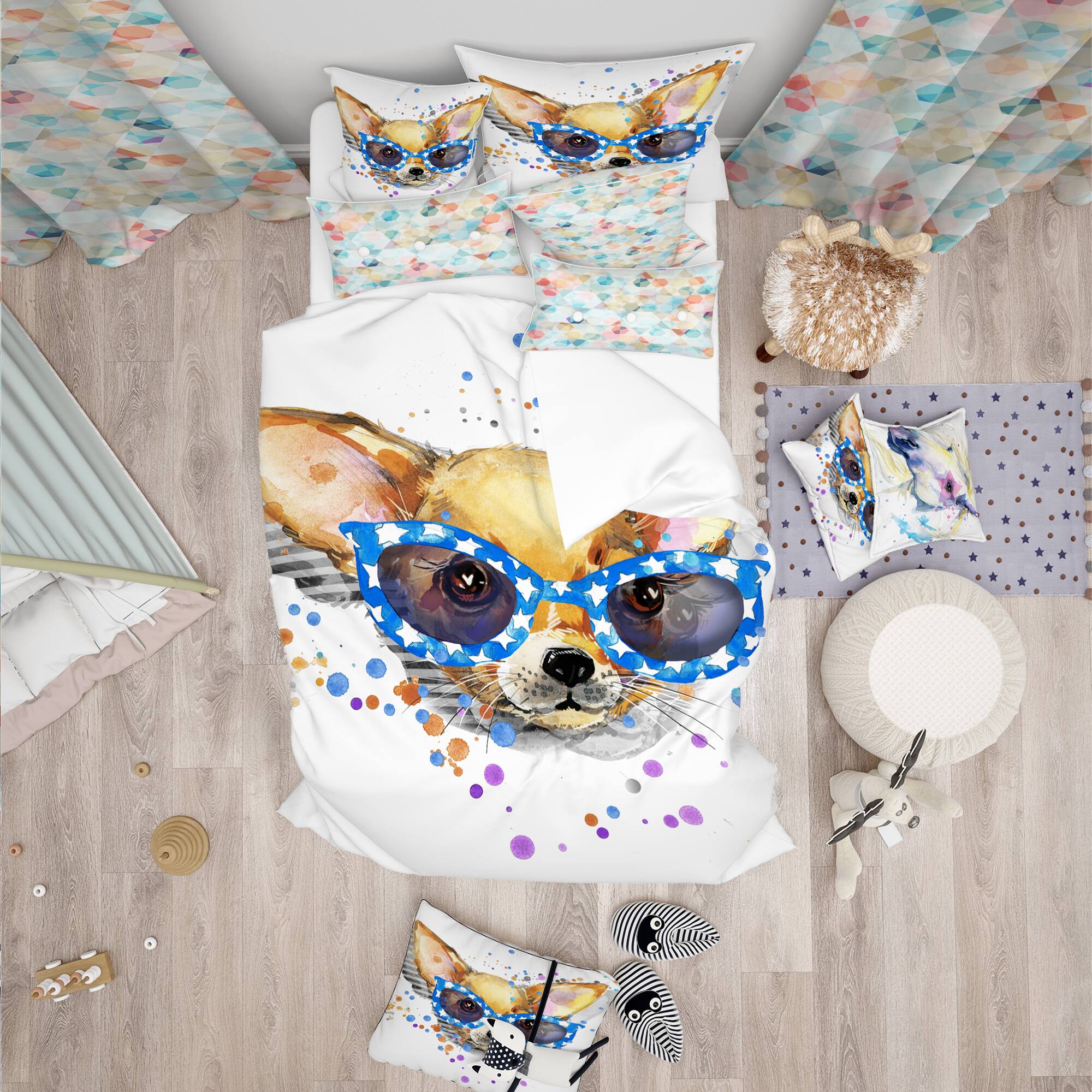 Designart 'Cute Puppy with Blue Glasses - Modern Duvet Cover Set