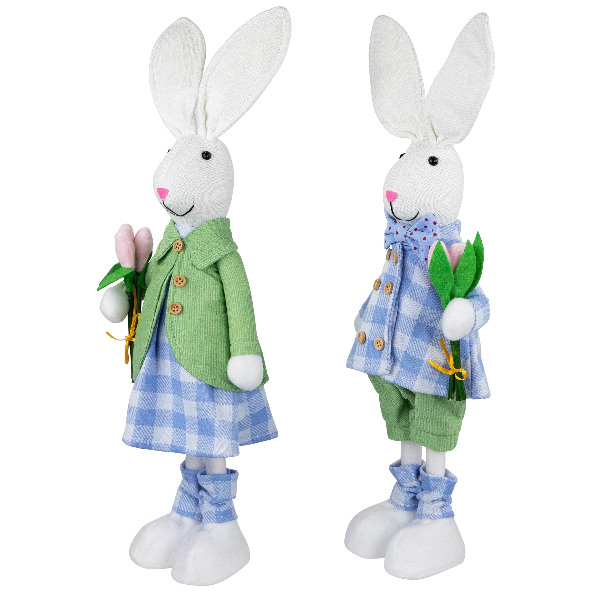 18.75" Bunny Couple in Matching Checkered Outfits Easter Figures Set
