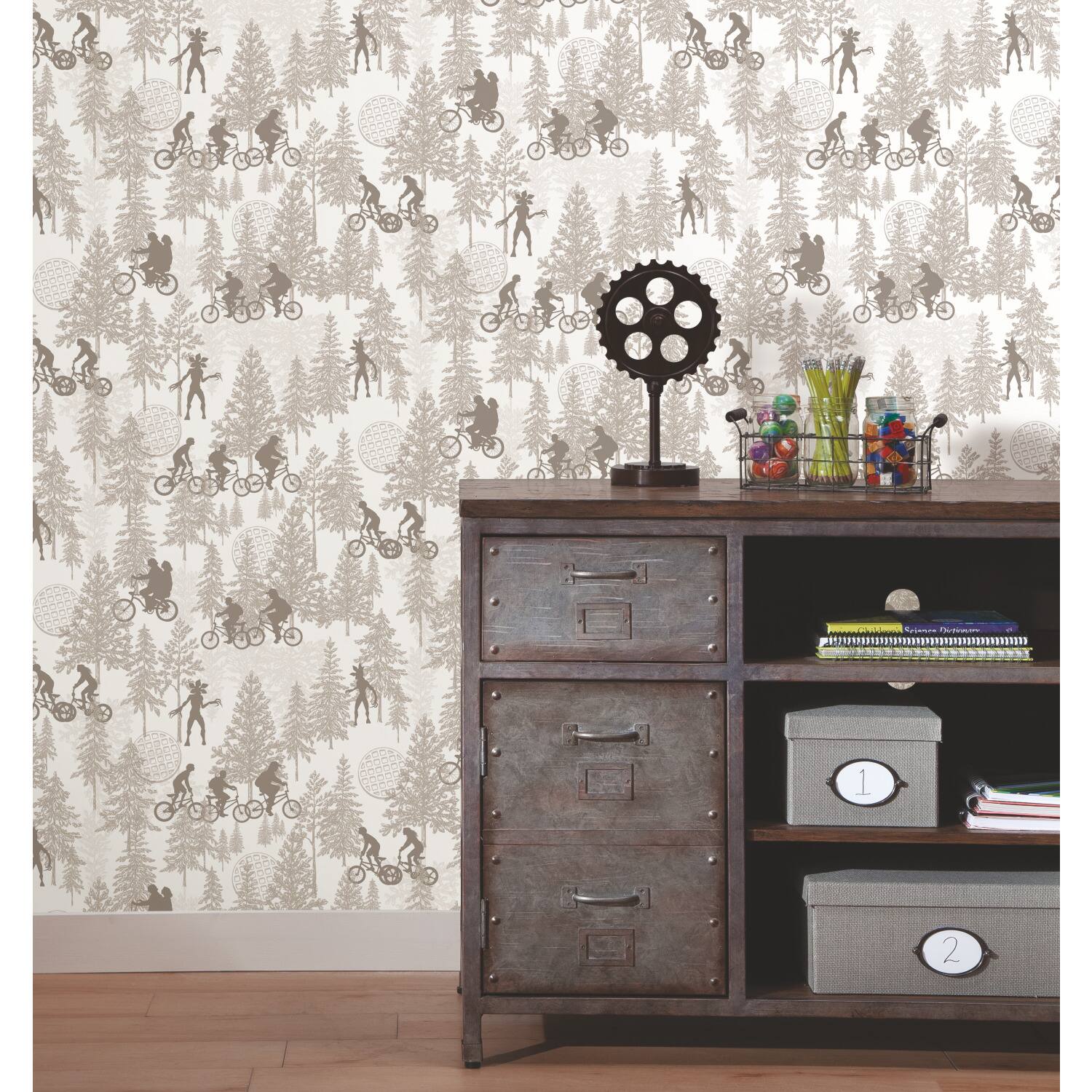 RoomMates Netflix Stranger Things Hawkins Woods Taupe Peel & Stick Wallpaper