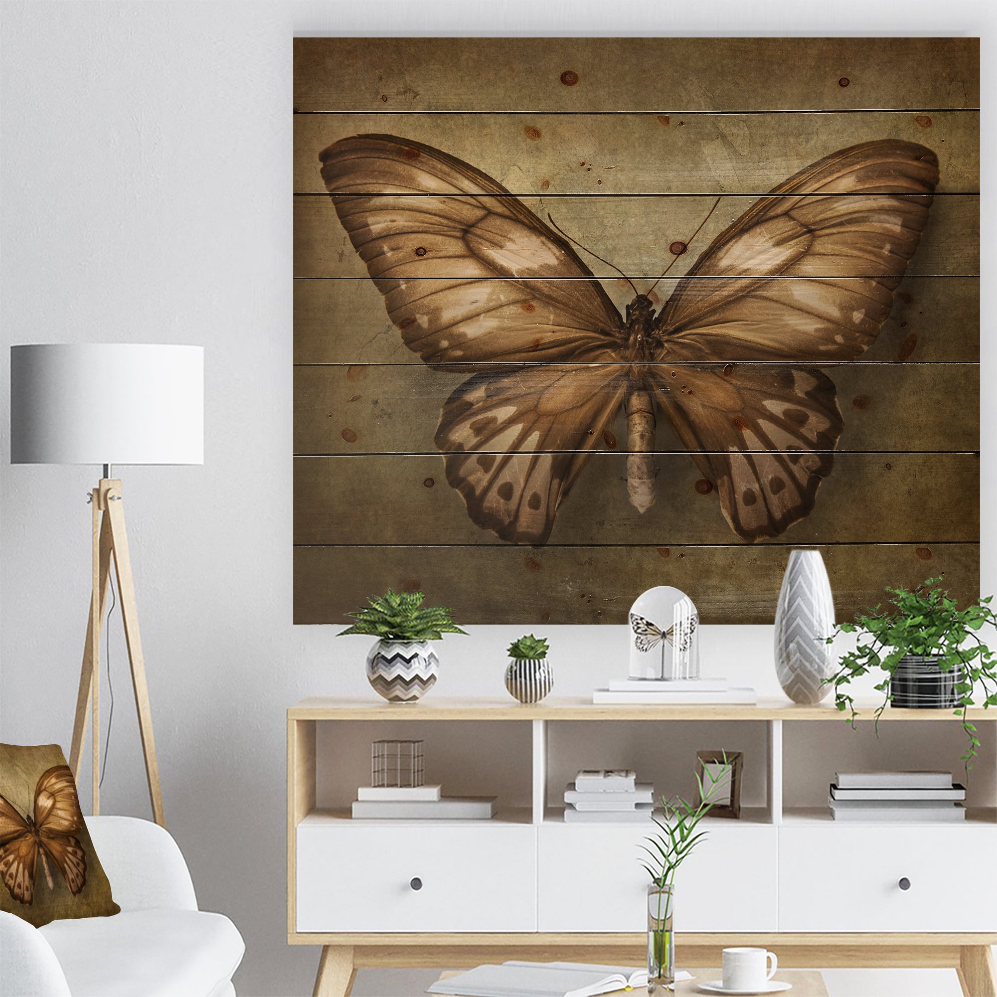 Designart - Vintage Butterfly - Vintage Painting Print on Natural Pine Wood