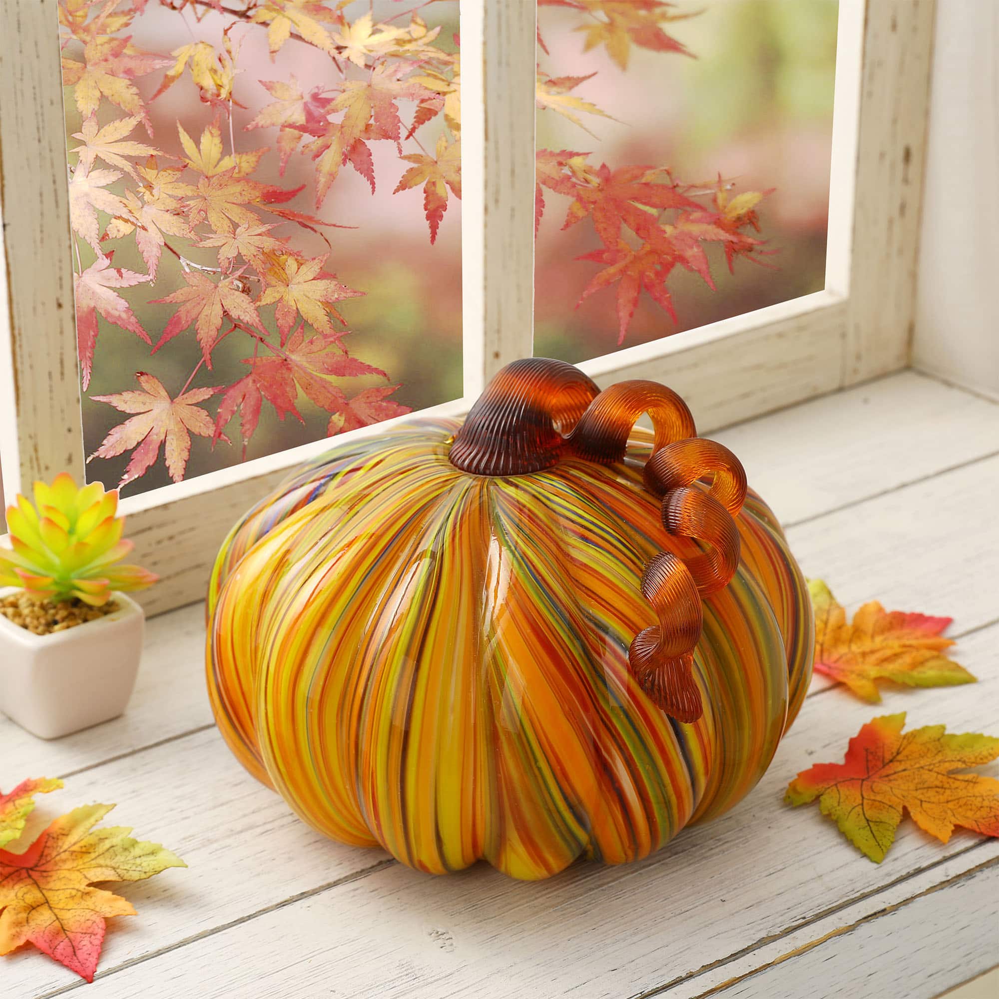 Glitzhome® Large Glass Pumpkin, Multicolor Stripes
