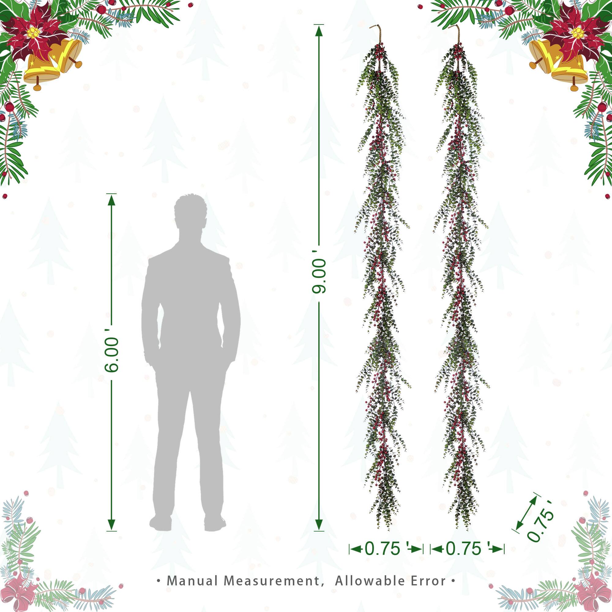 Glitzhome® 9ft. Christmas Greenery PE Dripping Eucalyptus Garland with Red Berries, Set of 2