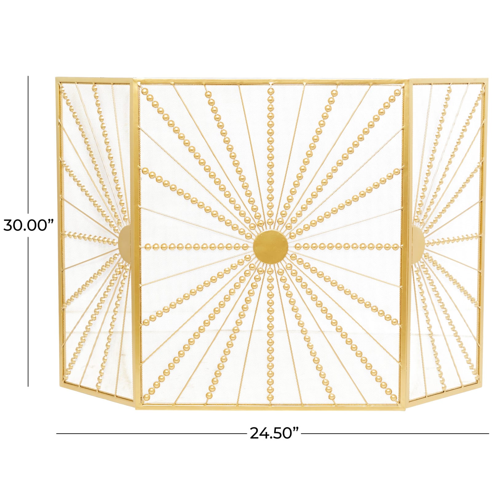 Gold Metal Foldable 3-Panel Starburst Fireplace Screen with Bead Inspired Rays
