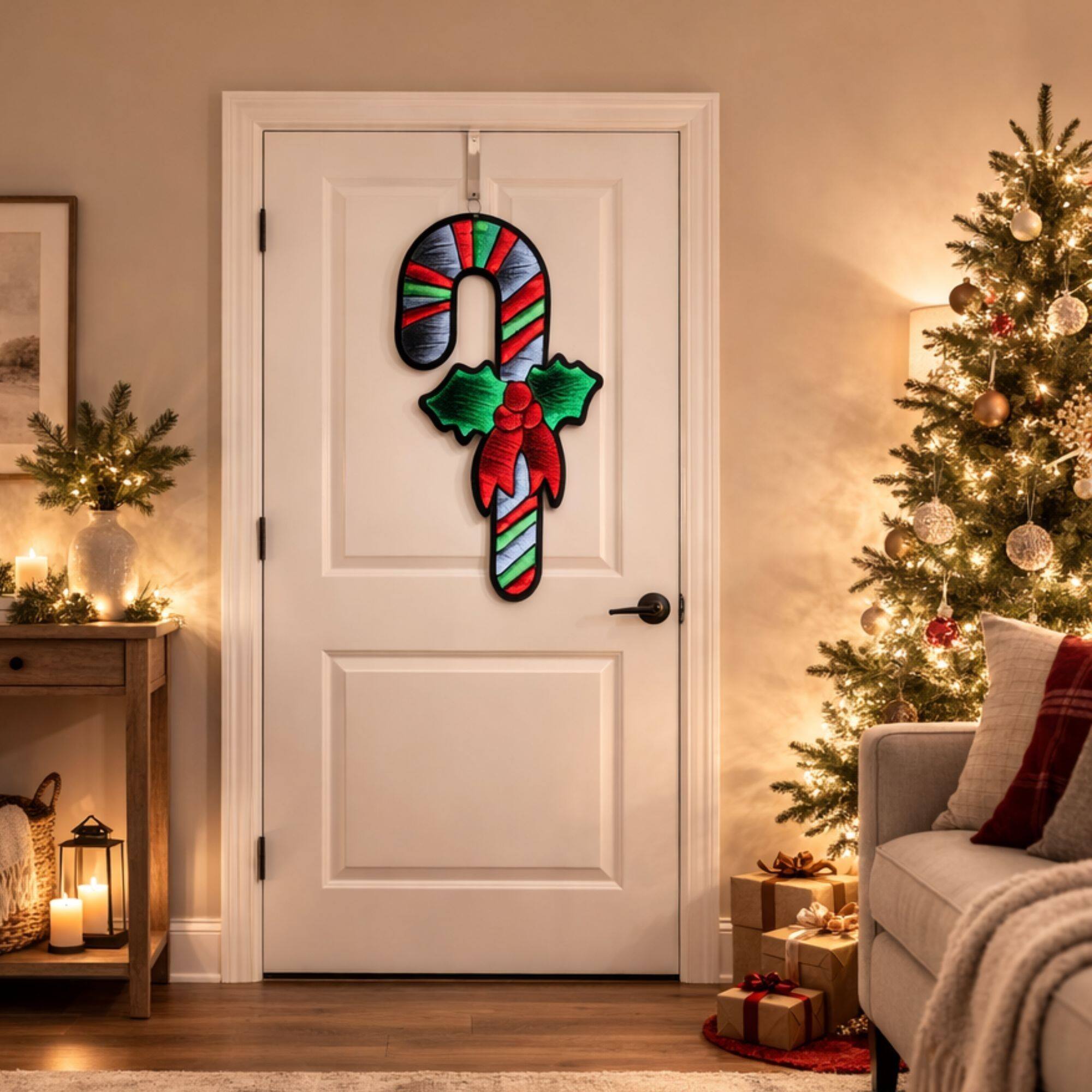 Melrose 35.25" Hanging Candy Cane with Holly EkkoLight