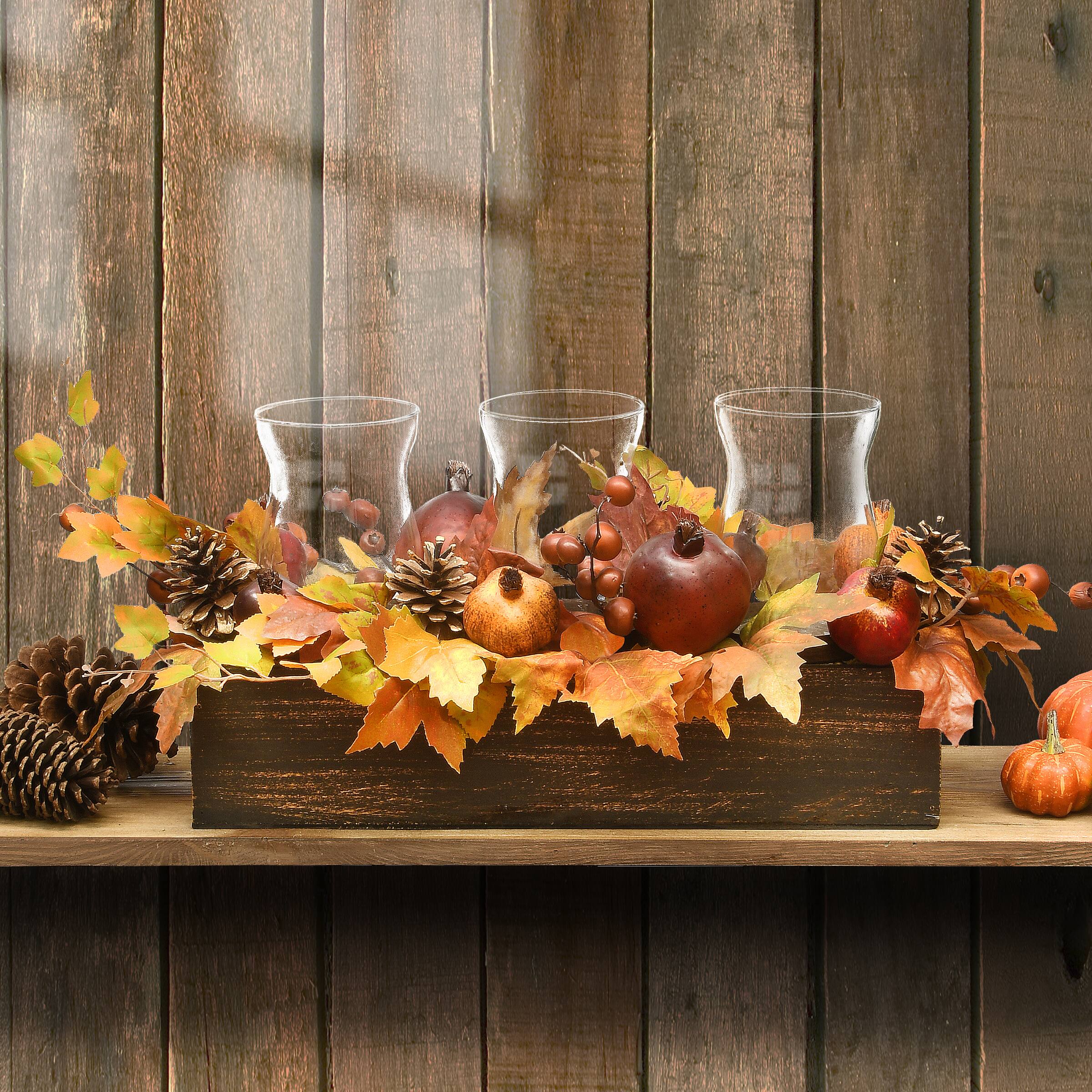 24" Maple Leaves Candleholder Centerpiece with Pomegranates