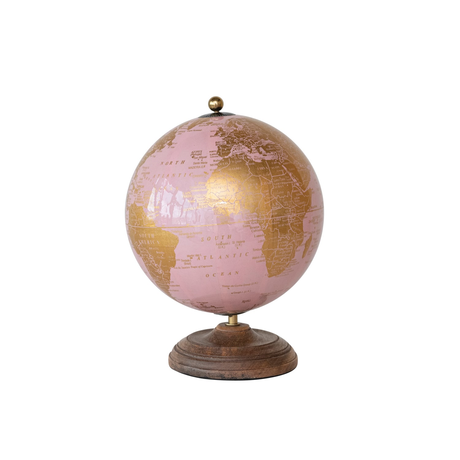 Hello Honey® 10.75" Pink & Gold Metal & Plastic Globe on Natural Mango Wood Stand