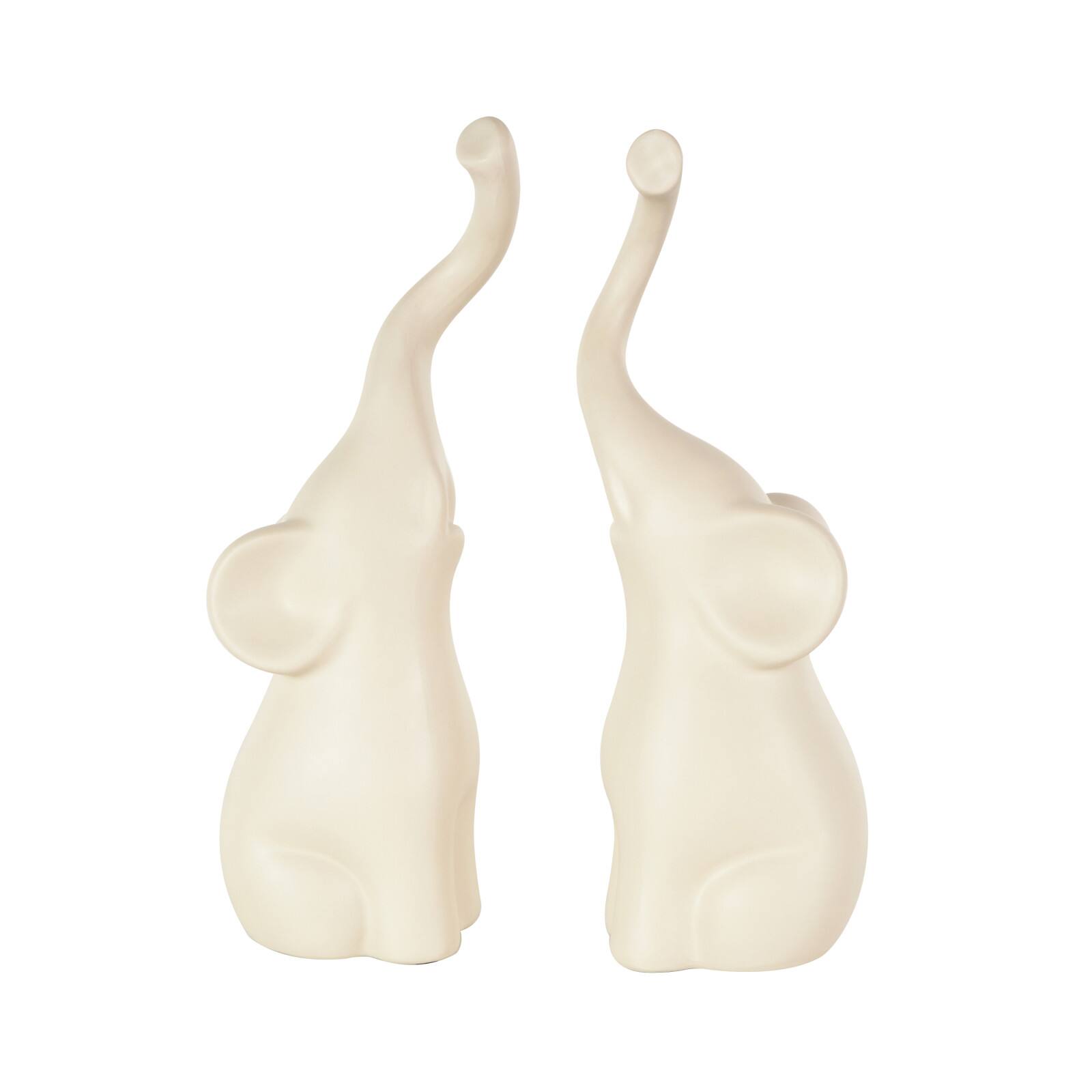 13" Cream Ceramic Elephant Decorative Sculpture with Raised Trunks, 2ct.