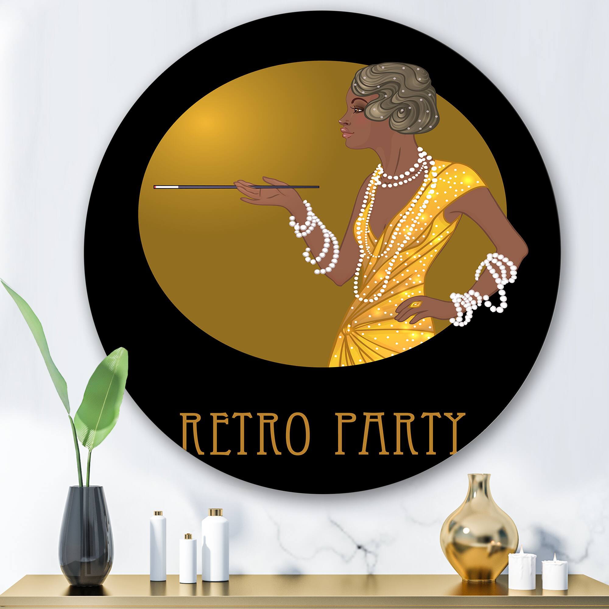 Designart - Retro Fashion Glamour African American Woman - Modern Metal Circle Wall Art