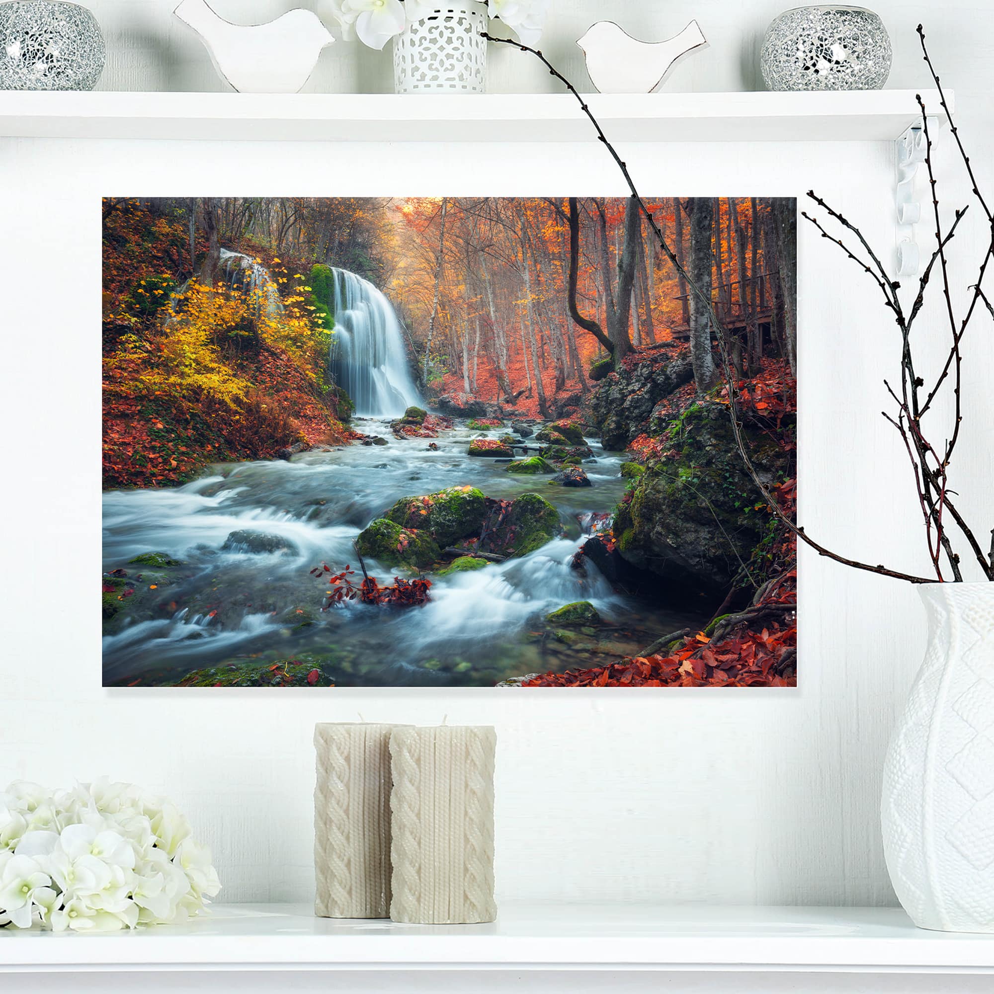 Designart - Autumn Mountain Waterfall Long View