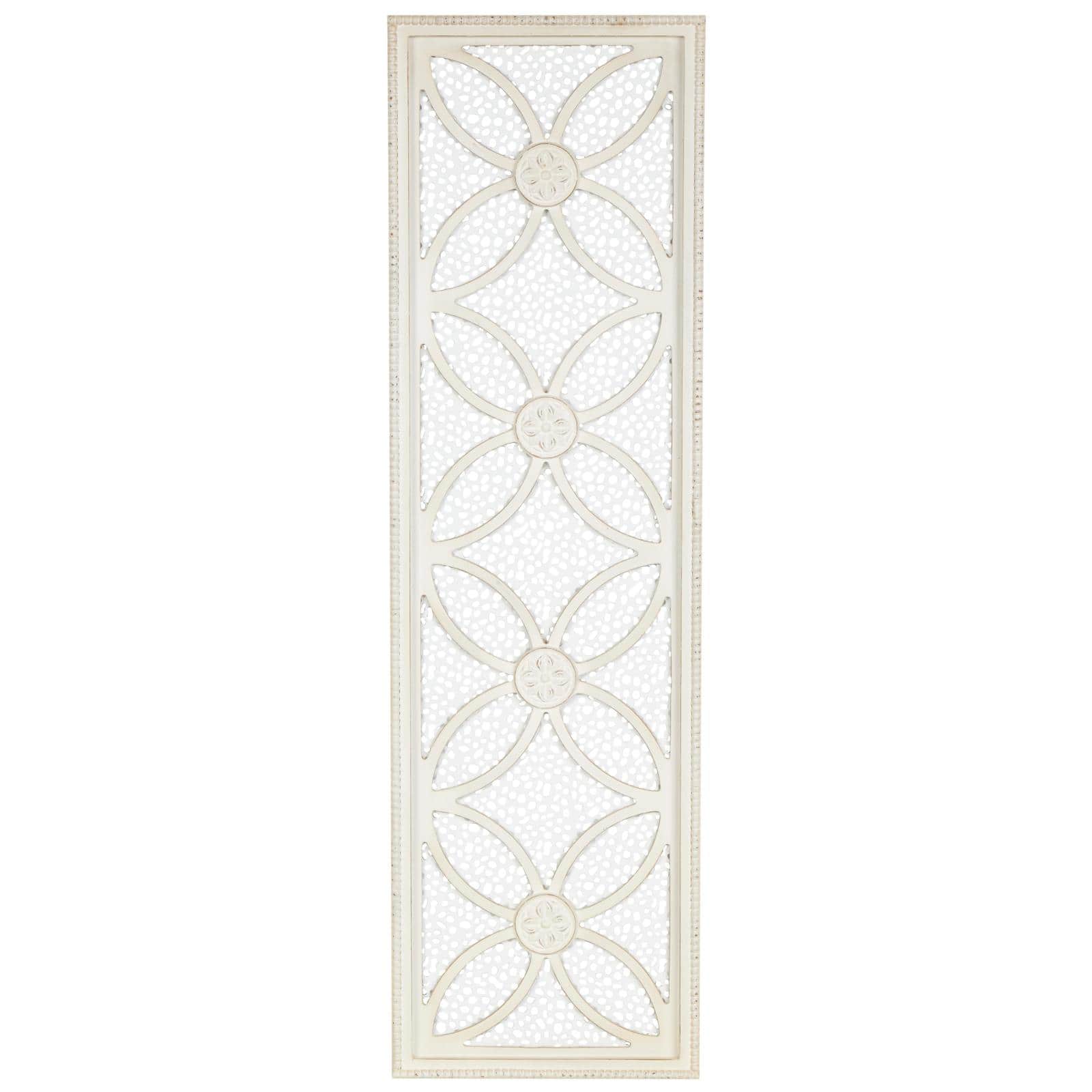 White wooden floral panel wall decor with cutout metal backing and beaded frame.